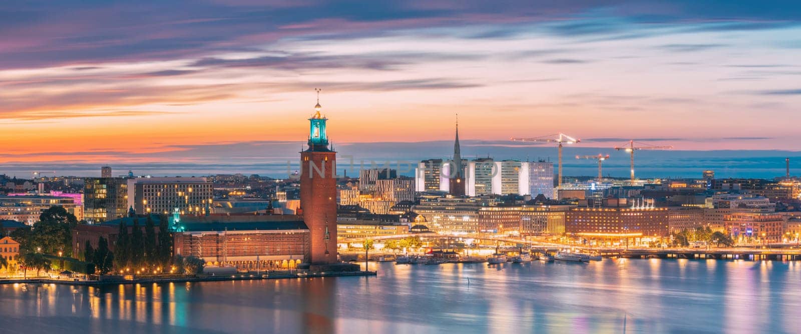 Stockholm, Sweden. Night Skyline With Famous Landmarks. Panorama, Panoramic View Of Stockholm Cityscape. Famous Landmarks, UNESCO World Heritage Site.