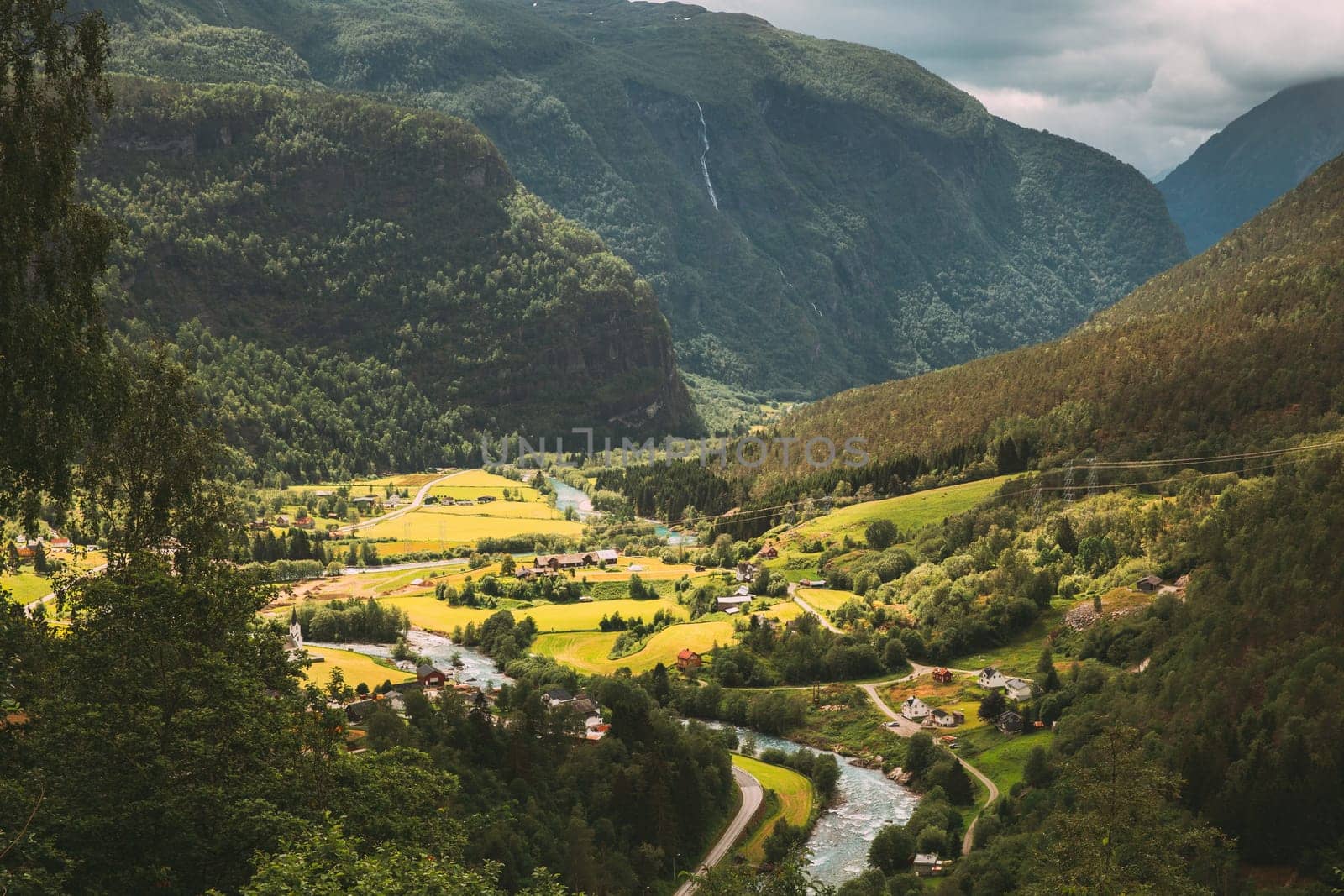 Fortun, Sogn Og Fjordane County, Norway. Beautiful Valley In Norwegian Rural Landscape. Jostedola River In Summer Day.