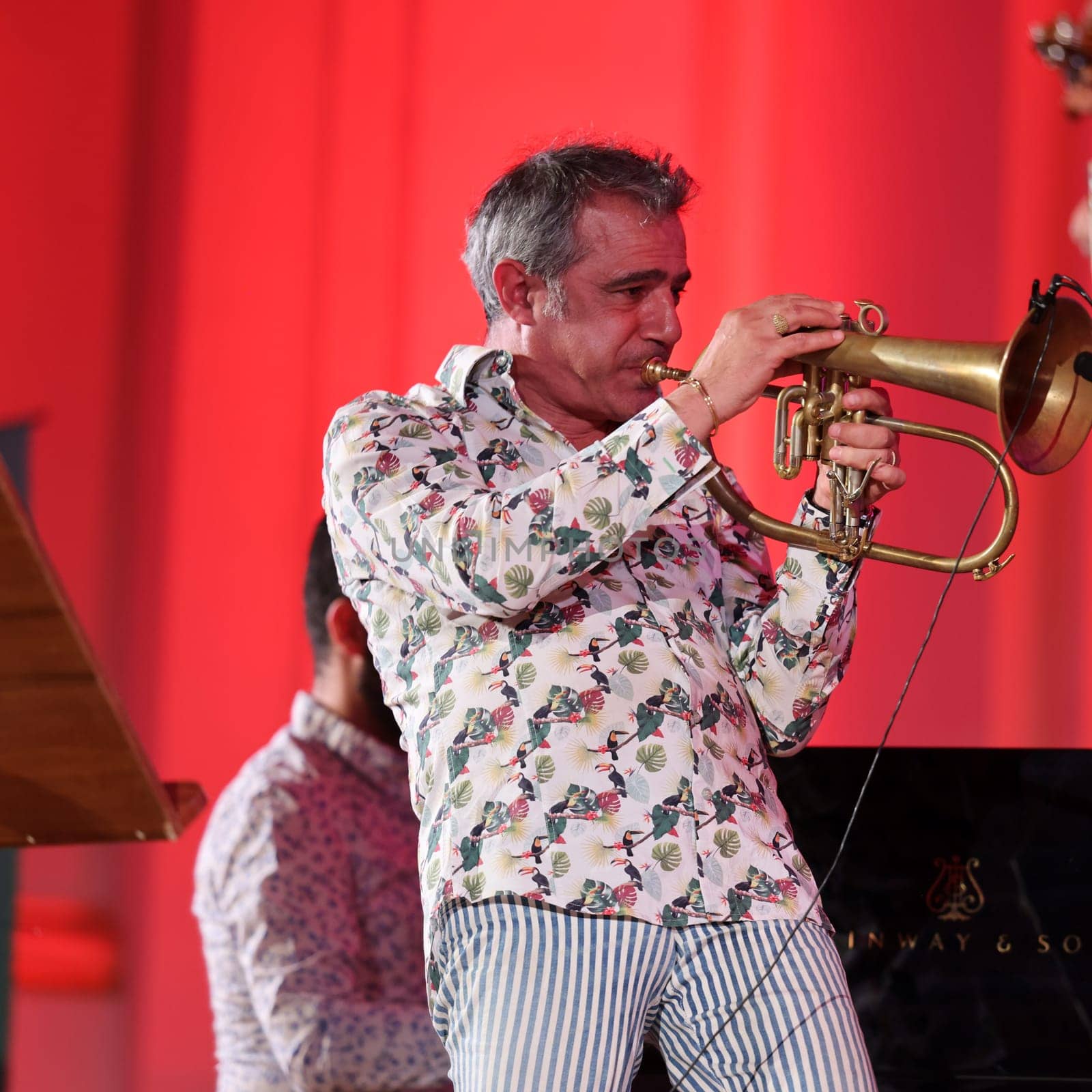 Cracow, Poland - July 4, 2022: Adam Baldych Quartet and Paolo Fresu live on stage of  Krakow Philharmonic at Summer Jazz Festival in Cracow, Poland