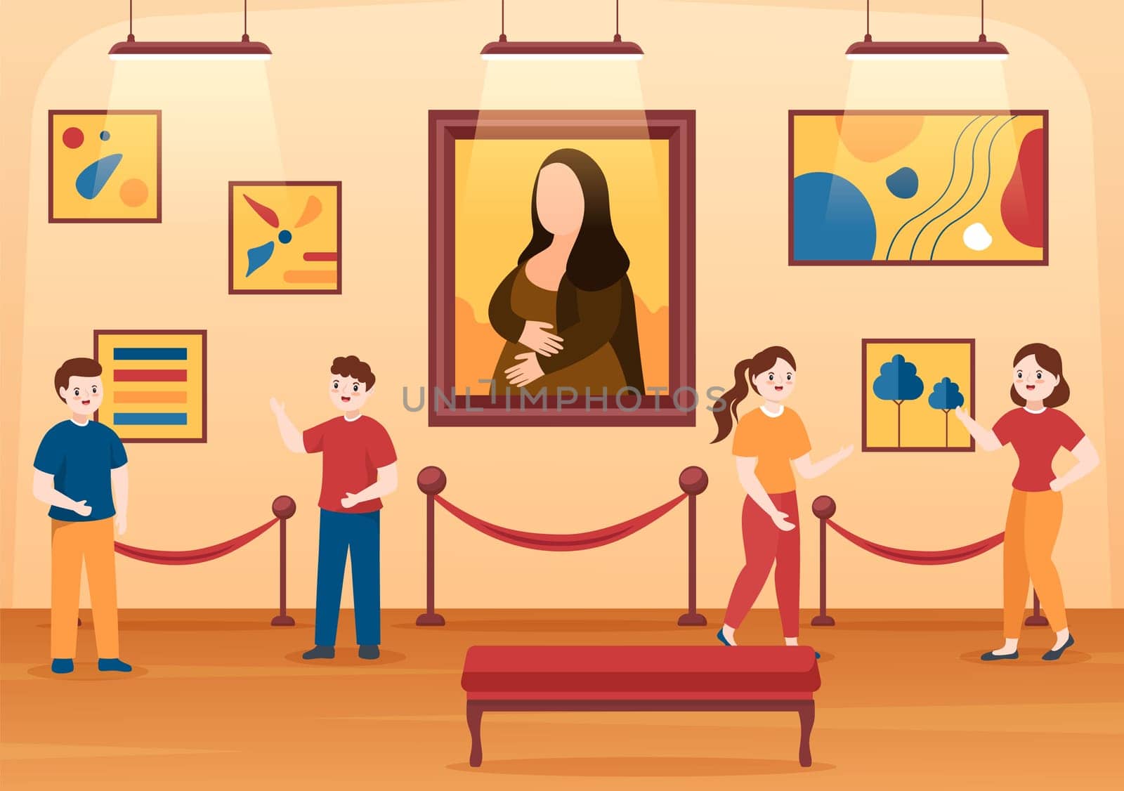 Art Gallery on Museum of Exhibition Visitors Viewing Modern Abstract Paintings at Contemporary and Photo in Flat Cartoon Hand Template Illustration