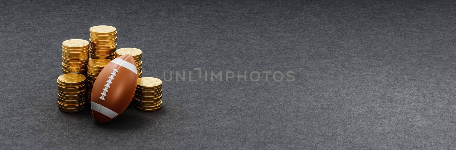 American Football Ball ahead of Stacks of Golden Coins on Dark Background with Copy Space 3D Render Illustration, Sports Business Concept