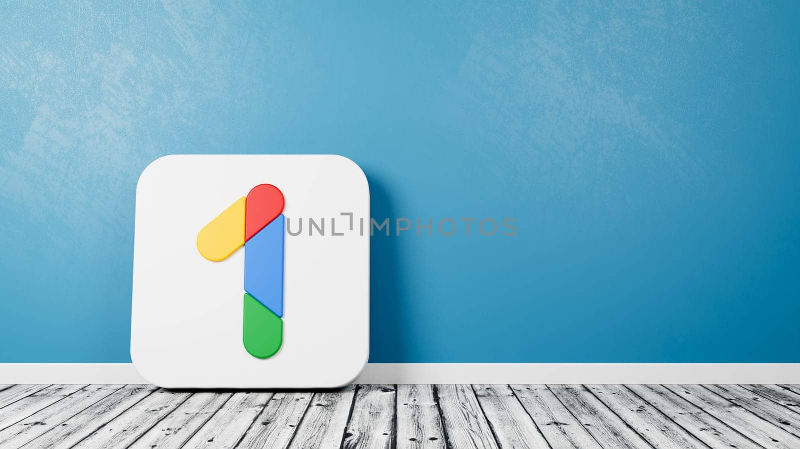 Google One Logo 3D Symbol Shape on Wooden Floor Against Blue Wall with Copy Space 3D Render Illustration
