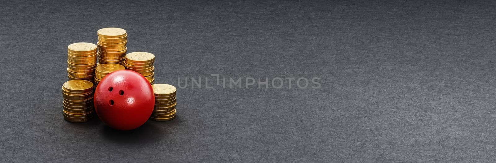 Bowling Ball ahead of Stacks of Golden Coins on Dark Background with Copy Space 3D Render Illustration, Sports Business Concept