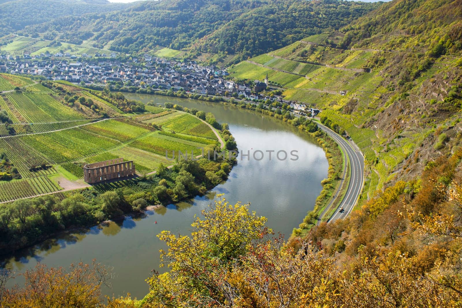 Moselle River in Germany, view of Bremm village in the Mosel river valley, Germany