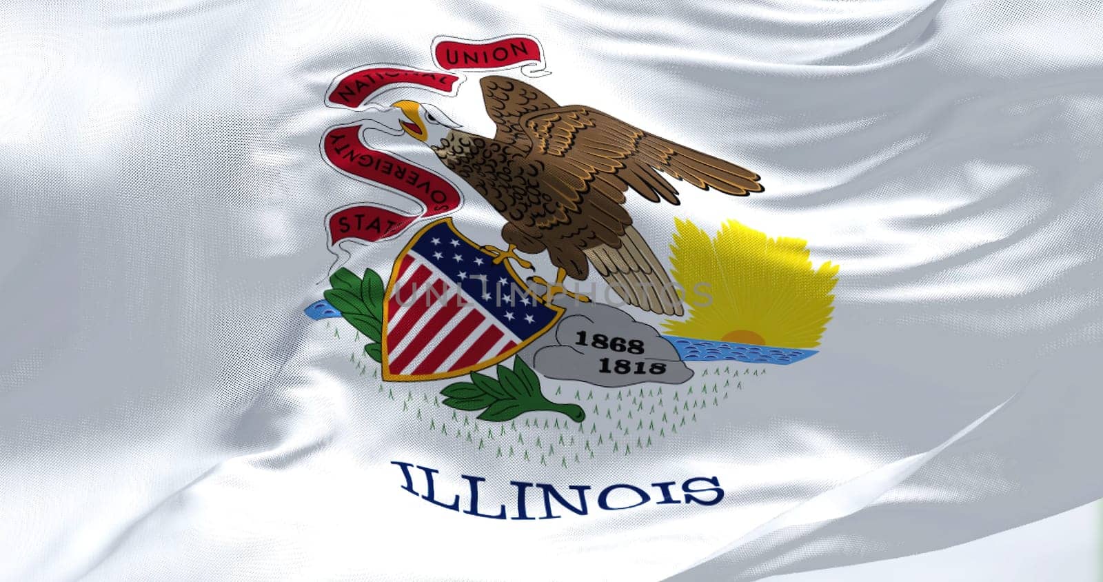 Close-up view of Illinois state flag waving in the wind on a clear day. Illinois is a state in the Midwest of the United States. Us state flag. 3D render