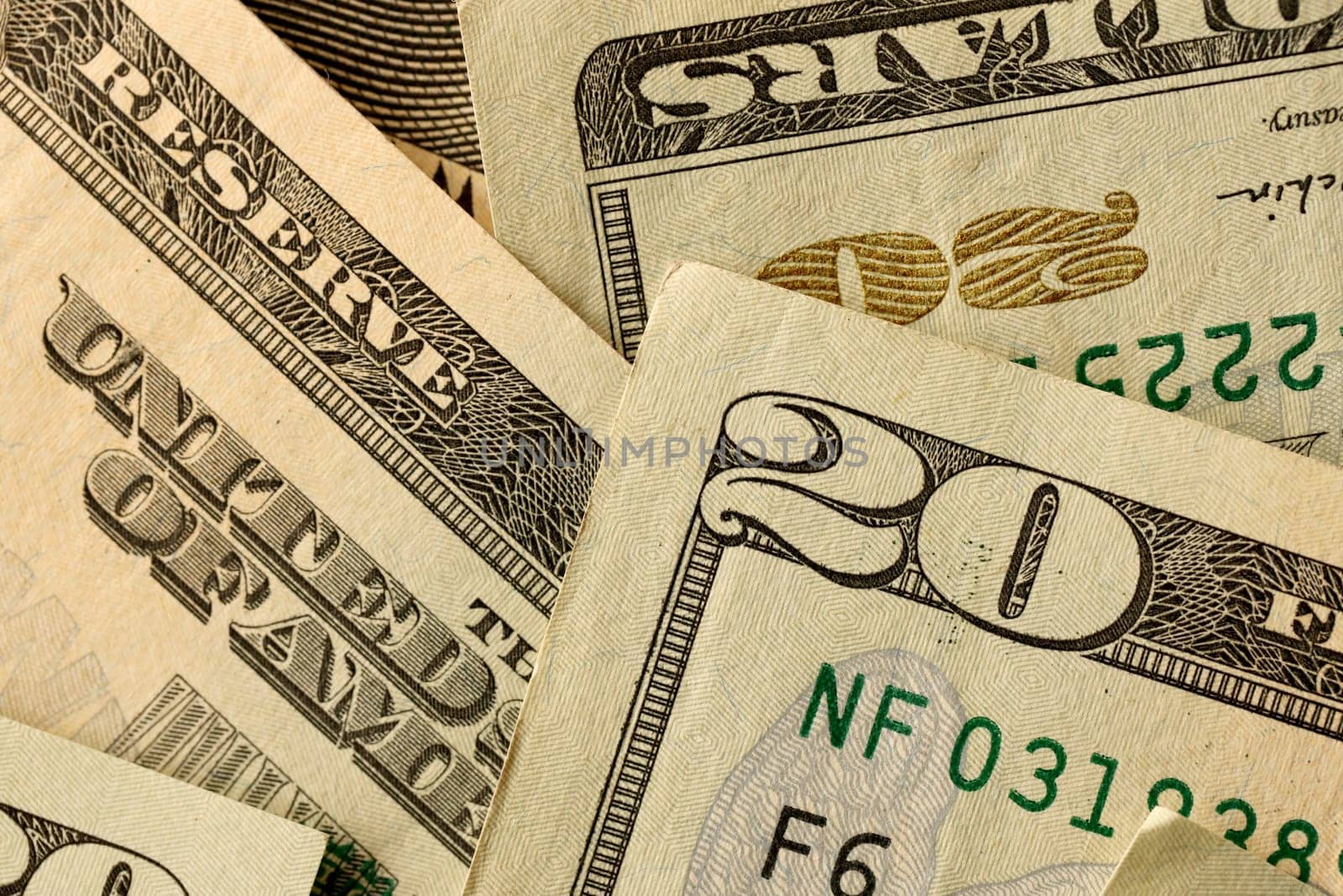 Big amount of old 20 dollar bills details on macro photography. Money earnings, payday or tax paying period concept