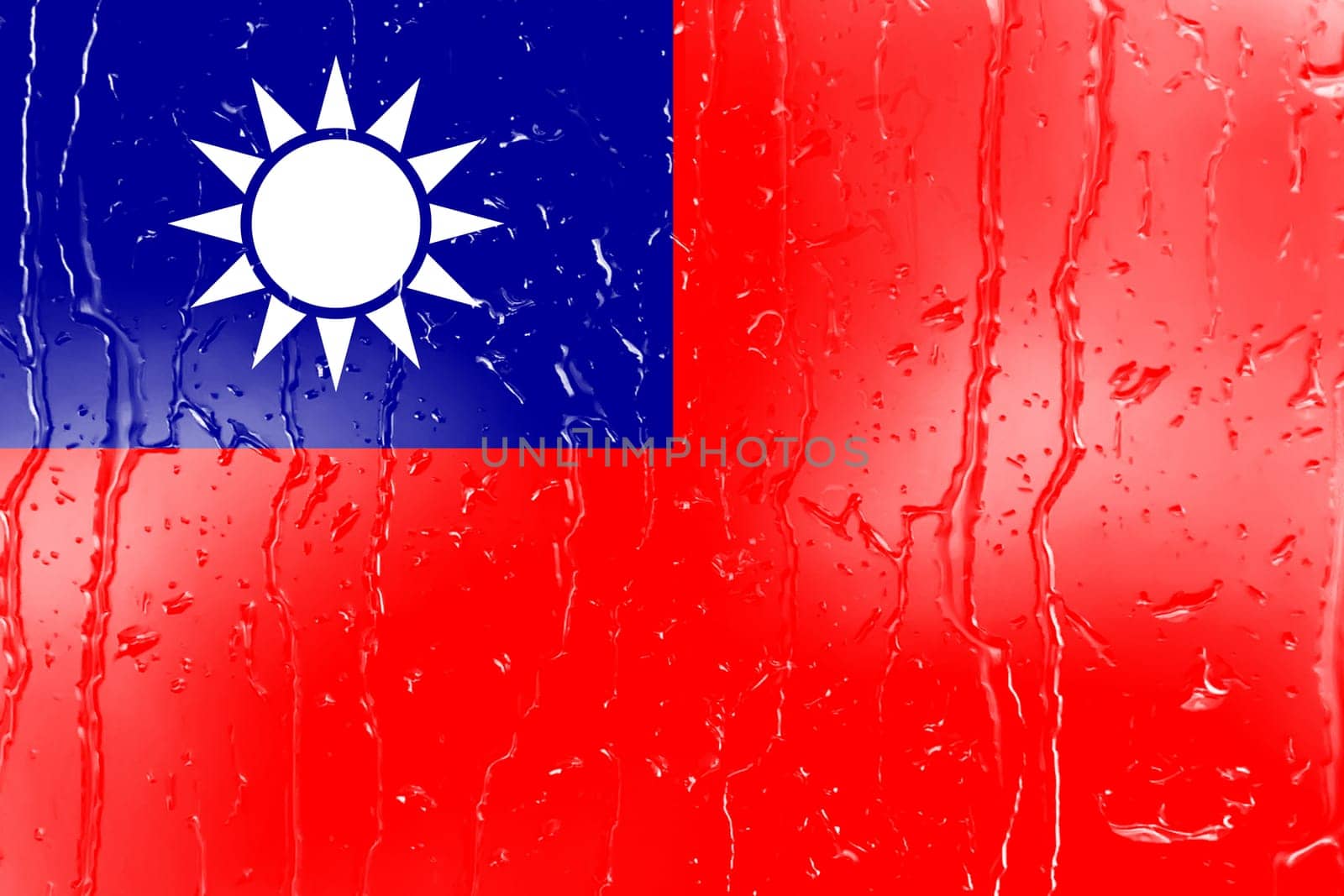 3D Flag of Republic of China on a glass with water drop background.