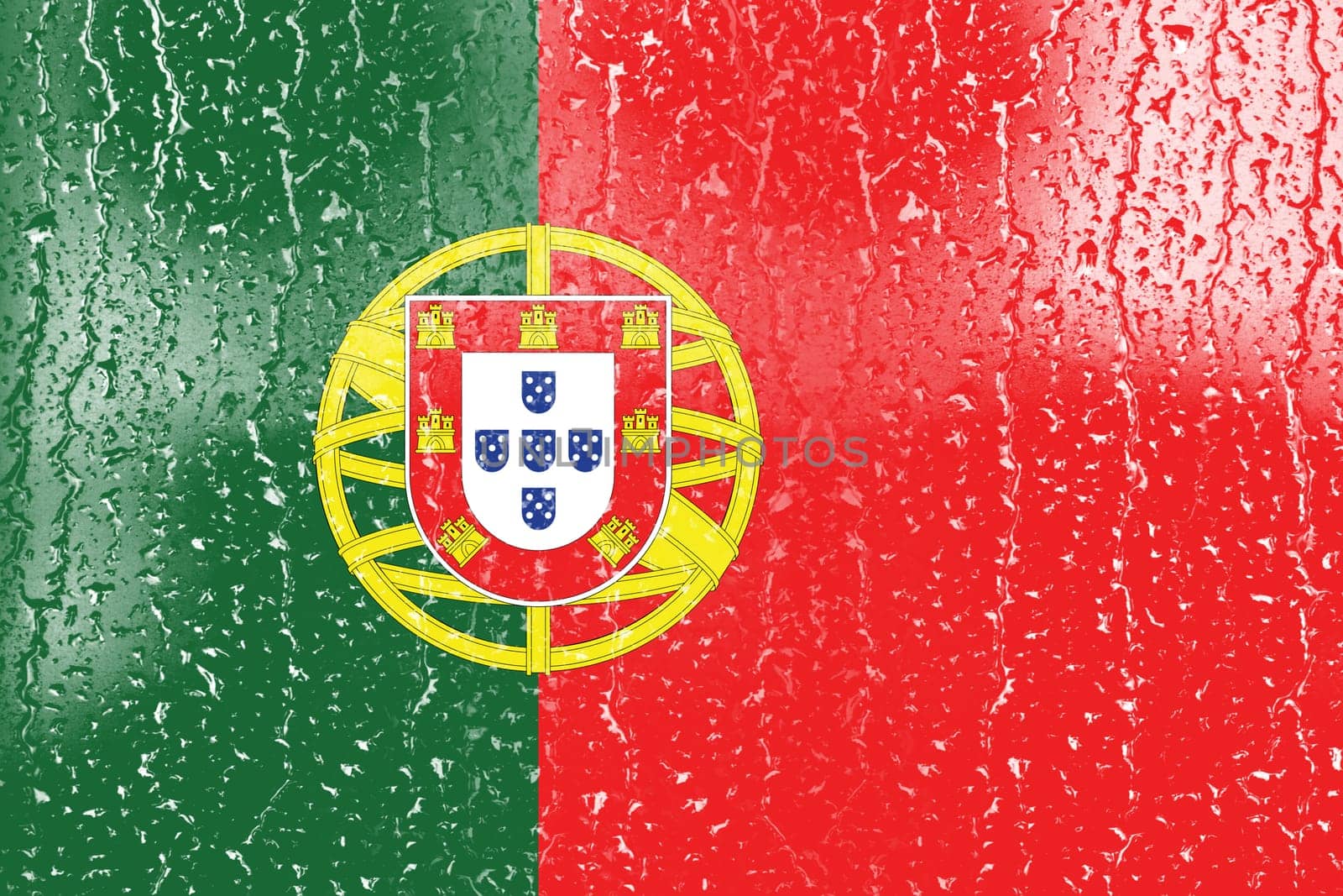 3D Flag of Portugal on a glass with water drop background.