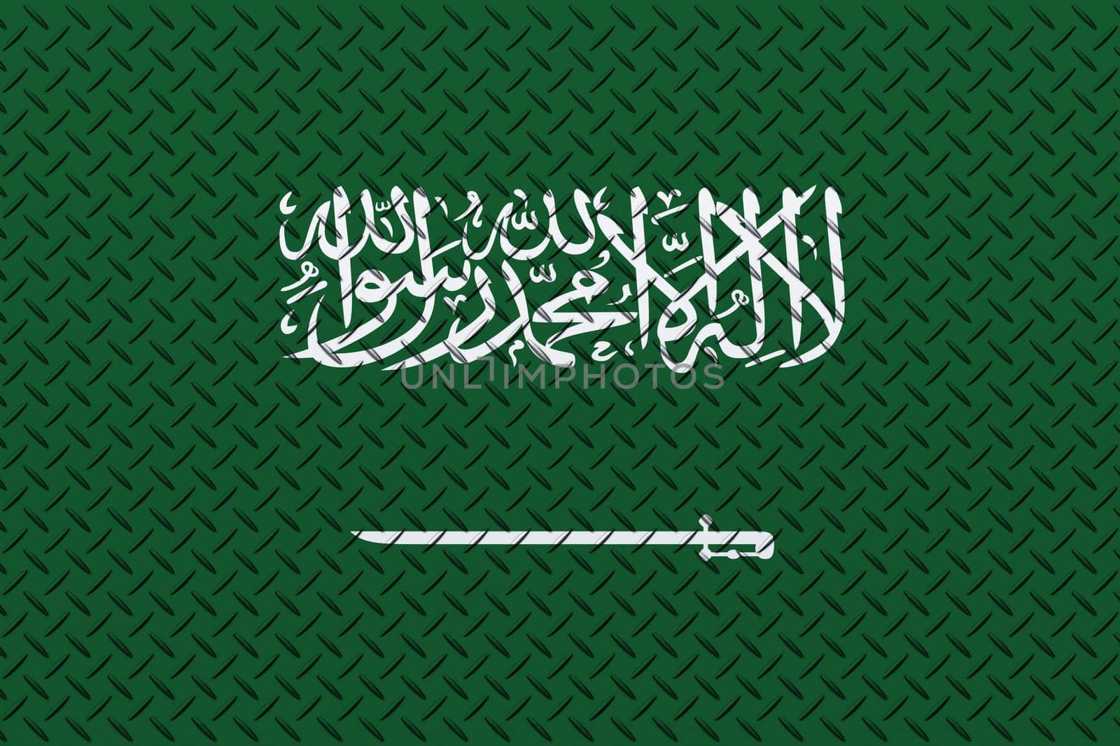 3D Flag of Saudi Arabia on a metal wall background.