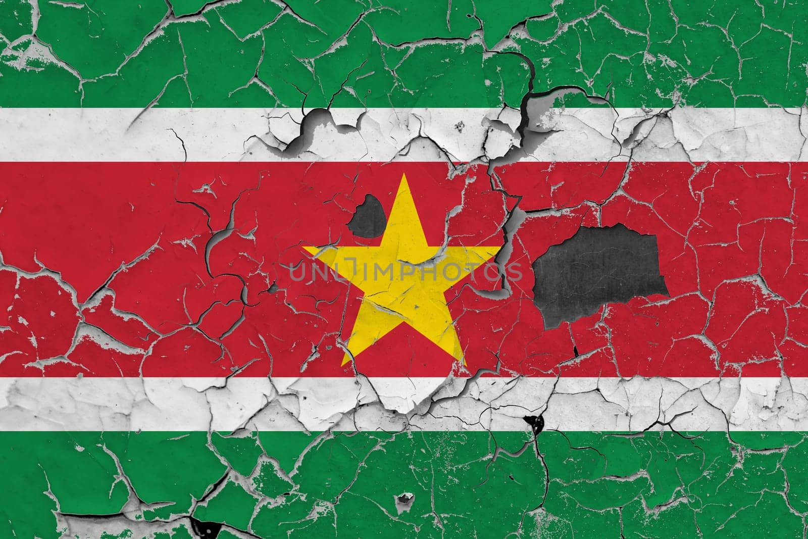 3D Flag of Suriname on an old stone wall background.
