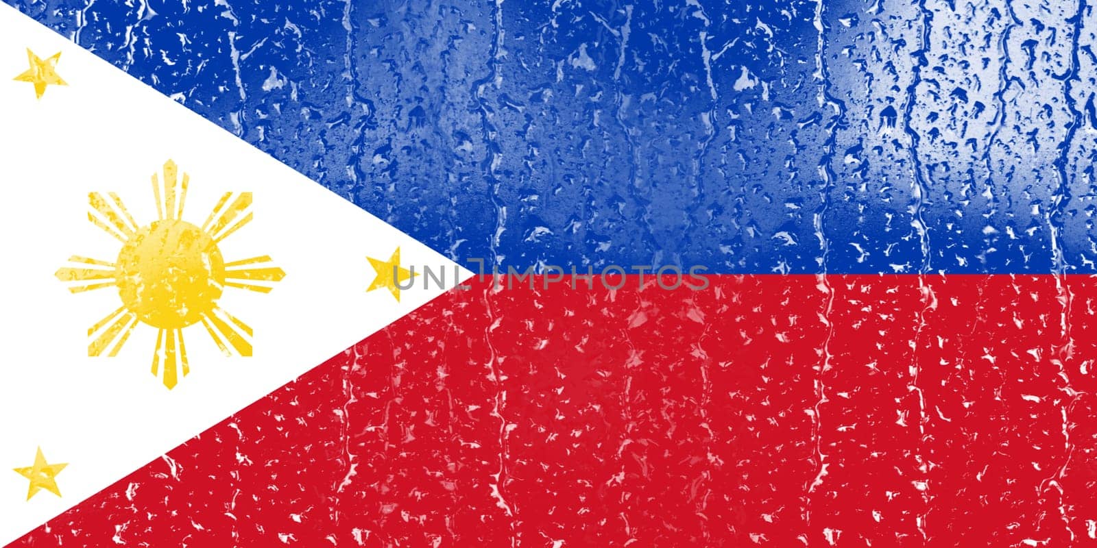 3D Flag of Philippines on a glass with water drop background.