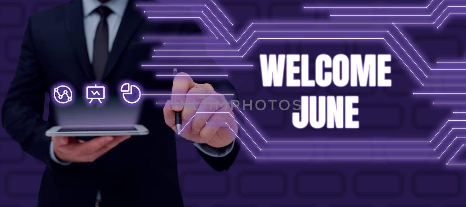 Text sign showing Welcome June, Conceptual photo Calendar Sixth Month Second Quarter Thirty days Greetings