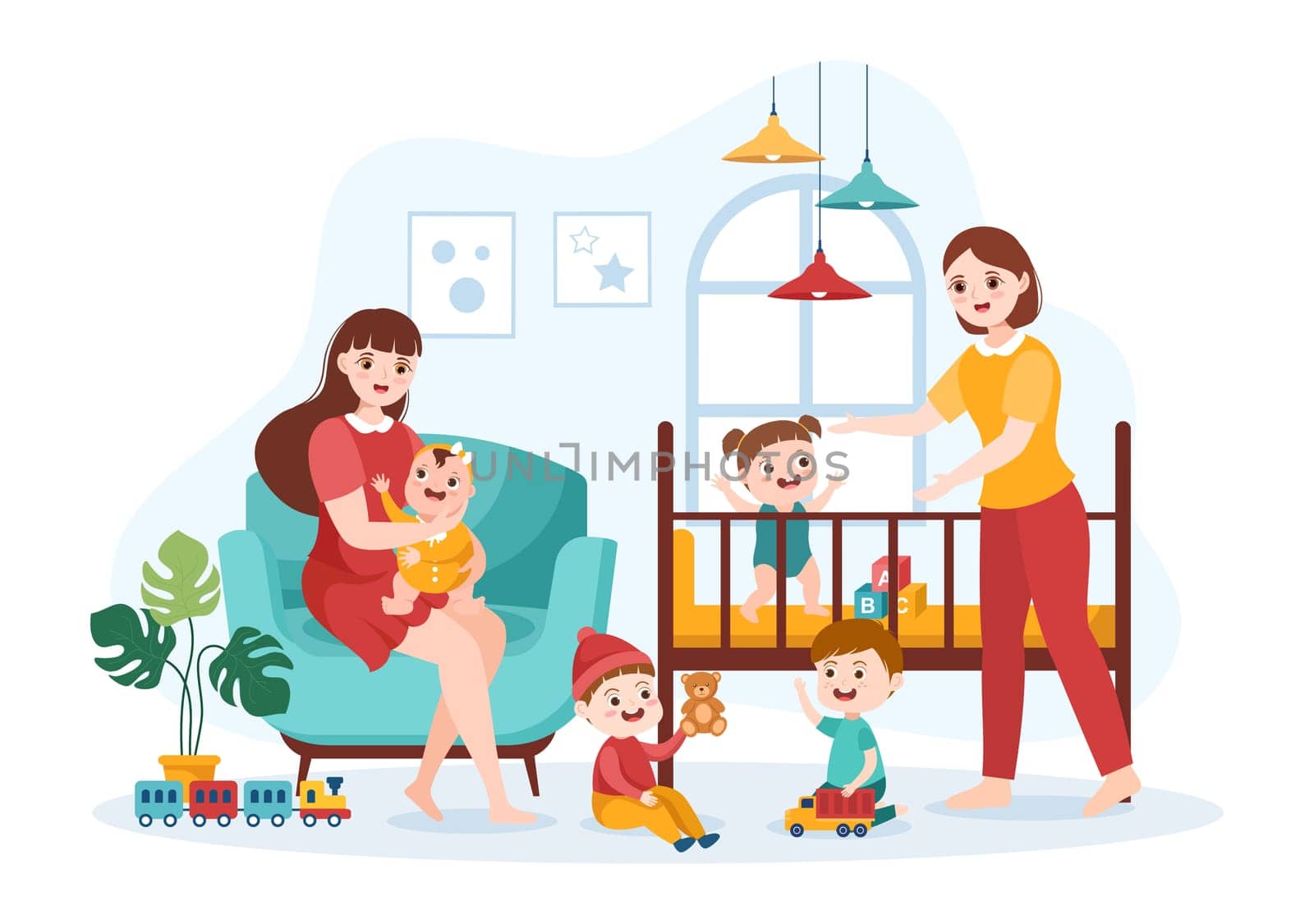 Babysitter or Nanny Services to Care for Provide for Baby Needs and Play with Children on Flat Cartoon Hand Drawn Template Illustration