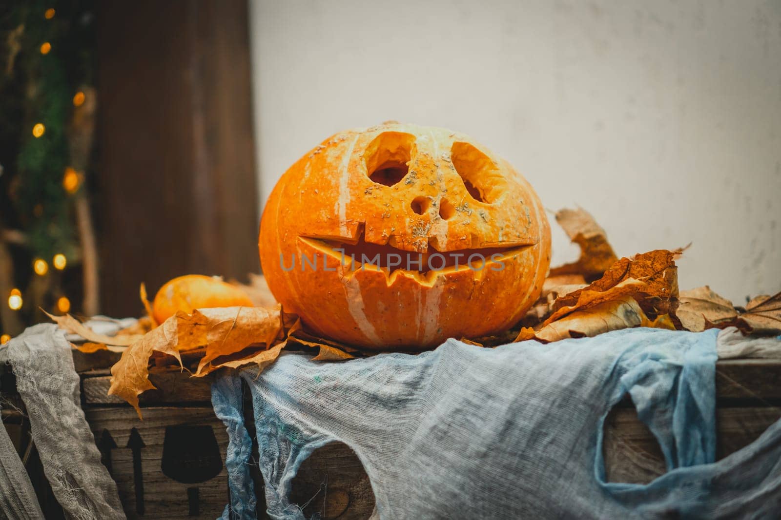 Orange bright halloween pumpkin with carved nose, mouth and eyes on wooden box with gauze as web next to autumn yellow leaves. Scary face carved on vegetable. Halloween holiday decoration