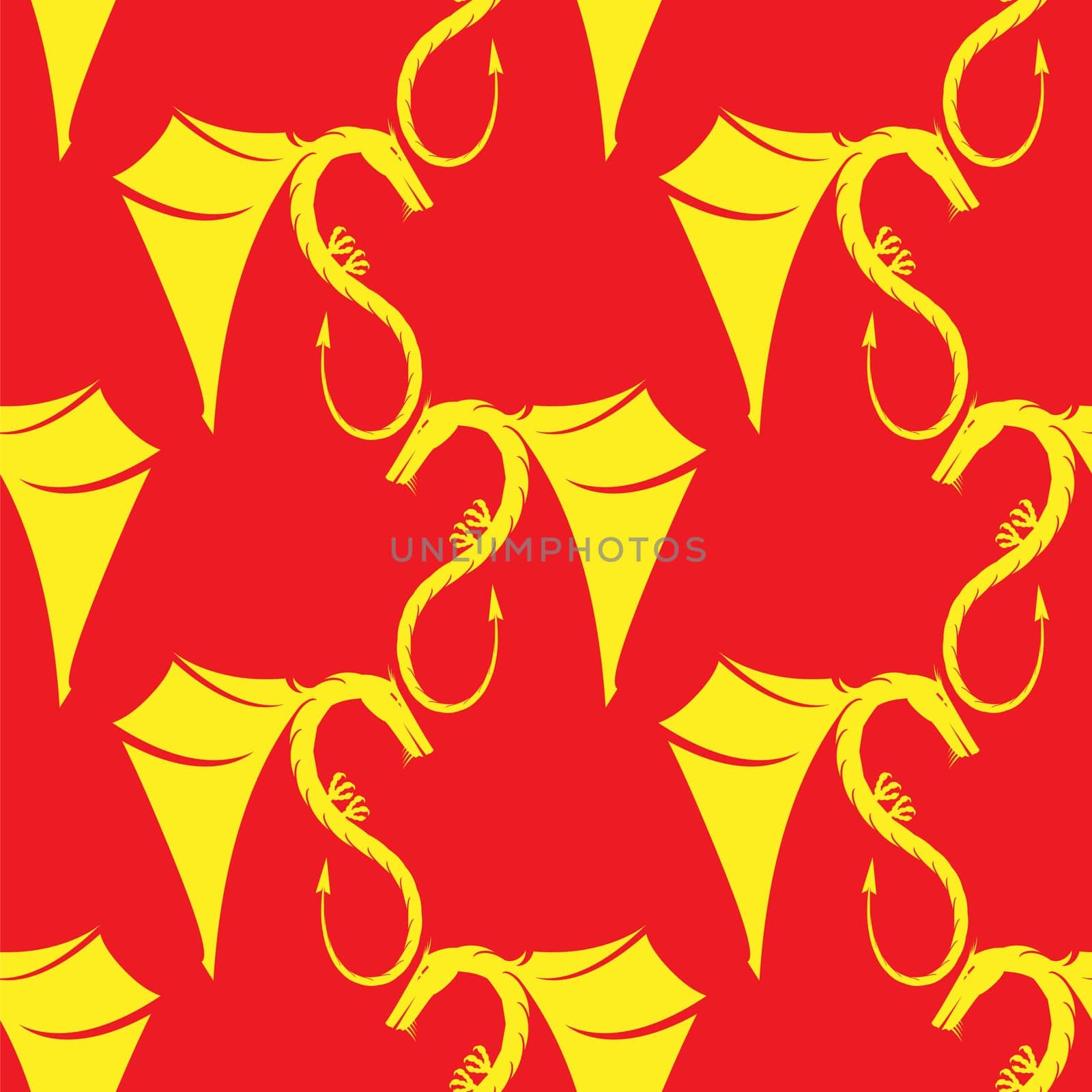 Yellow Magic Dragon Icon Seamless Pattern Isolated on Red Background.