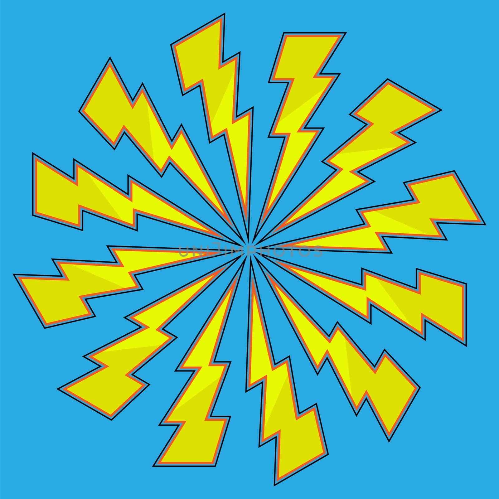 Yellow Cartoon Lightning Bolt Icon Isolated on Blue Background.
