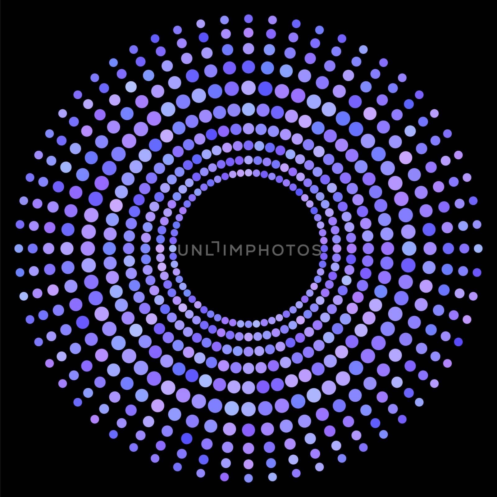 Blue Dotted Circle Isolated on Black Background. Halftone Icon.