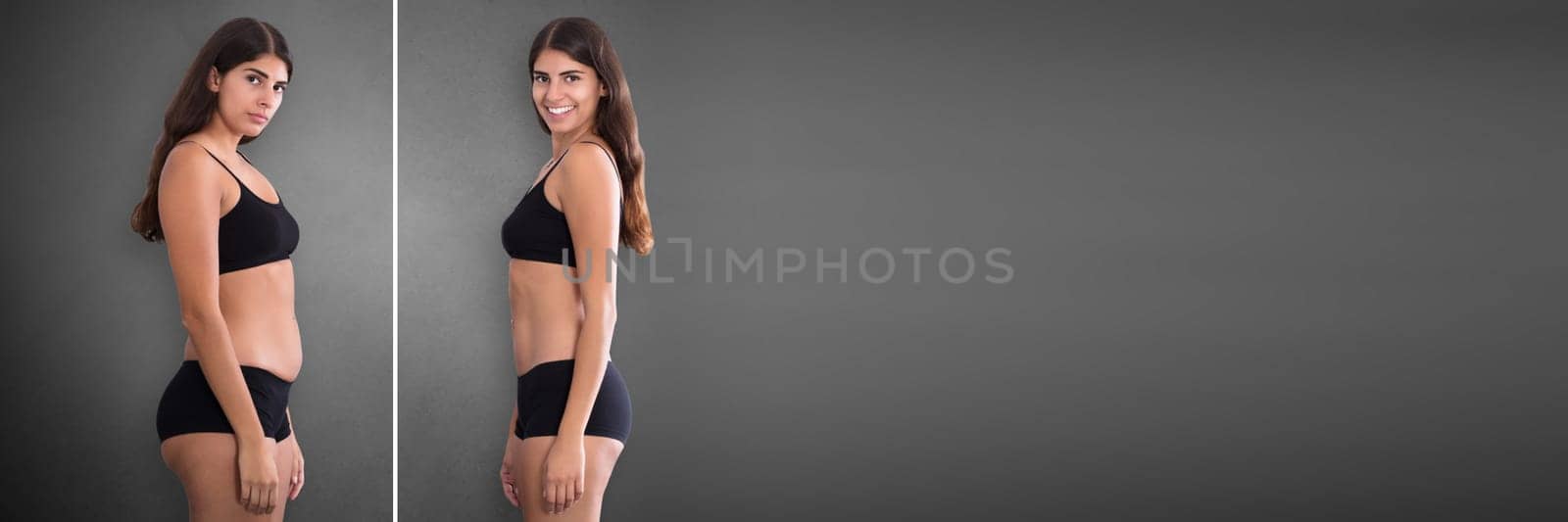 Portraits Of Woman Before And After From Fat To Slim Concept Standing Against Grey Background
