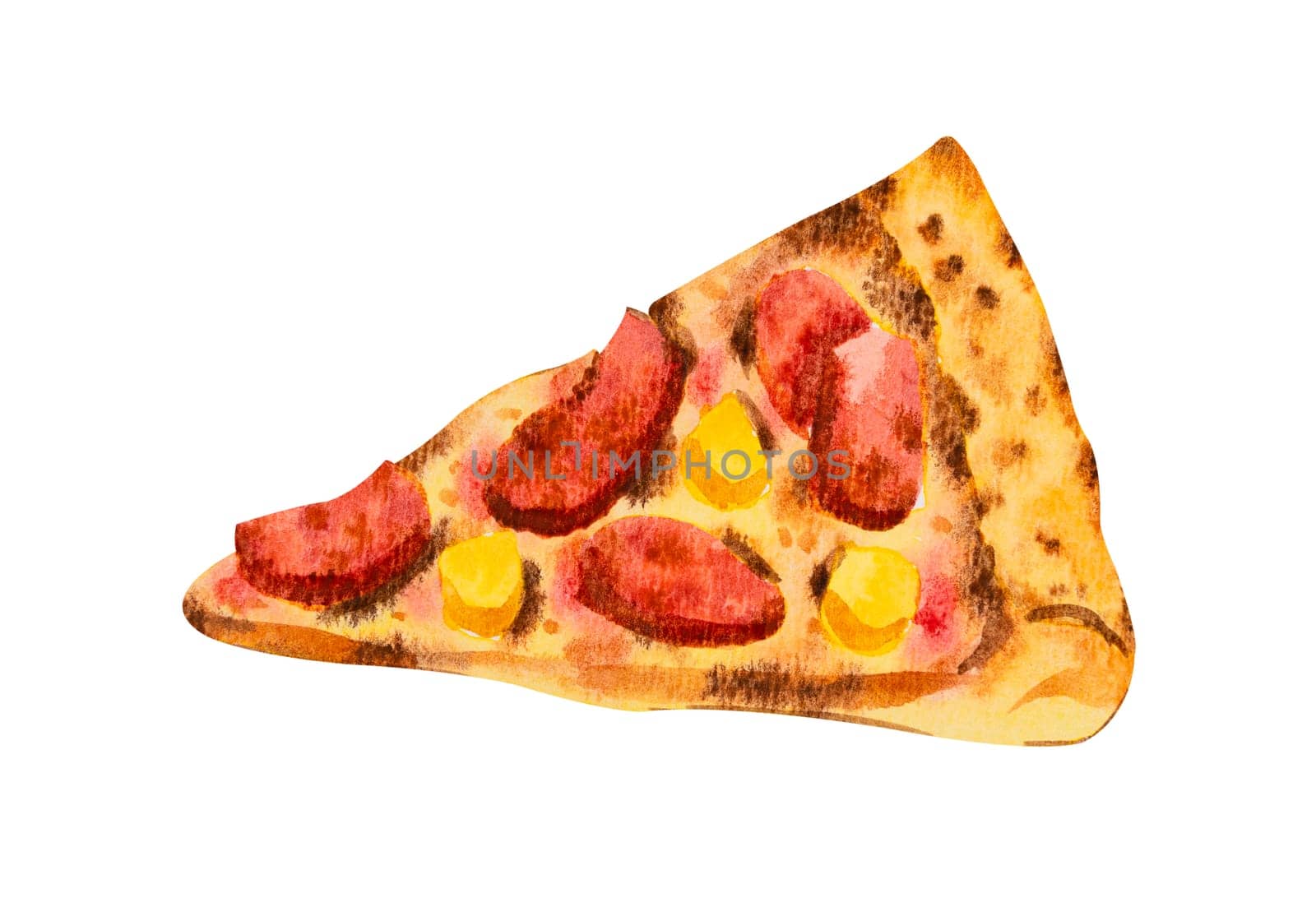 Slice of Hawaiian pizza. Watercolor hand drawn illustration isolated on white background.