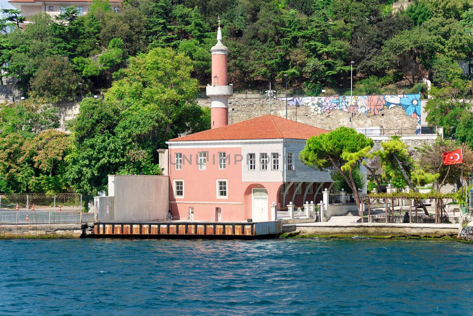 View from Europian side of Bosphorus Strait overlooking Old Ottoman Defterdar Ibrahim Pasa Mosque, suited at Besiktas district, Istanbul, Turkey