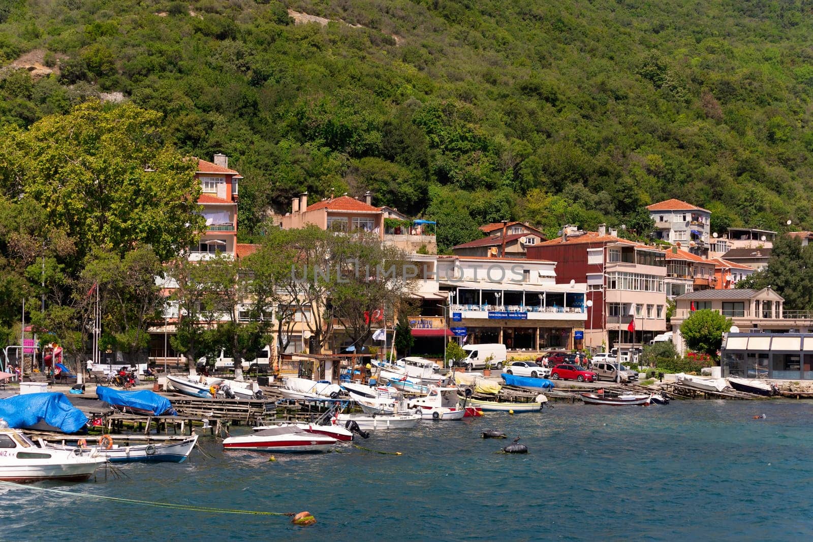 View from Bosphorus strait of the green mountains of the Europian side, with docked boats, traditional houses and dense trees in a summer day, Istanbul, Turkey