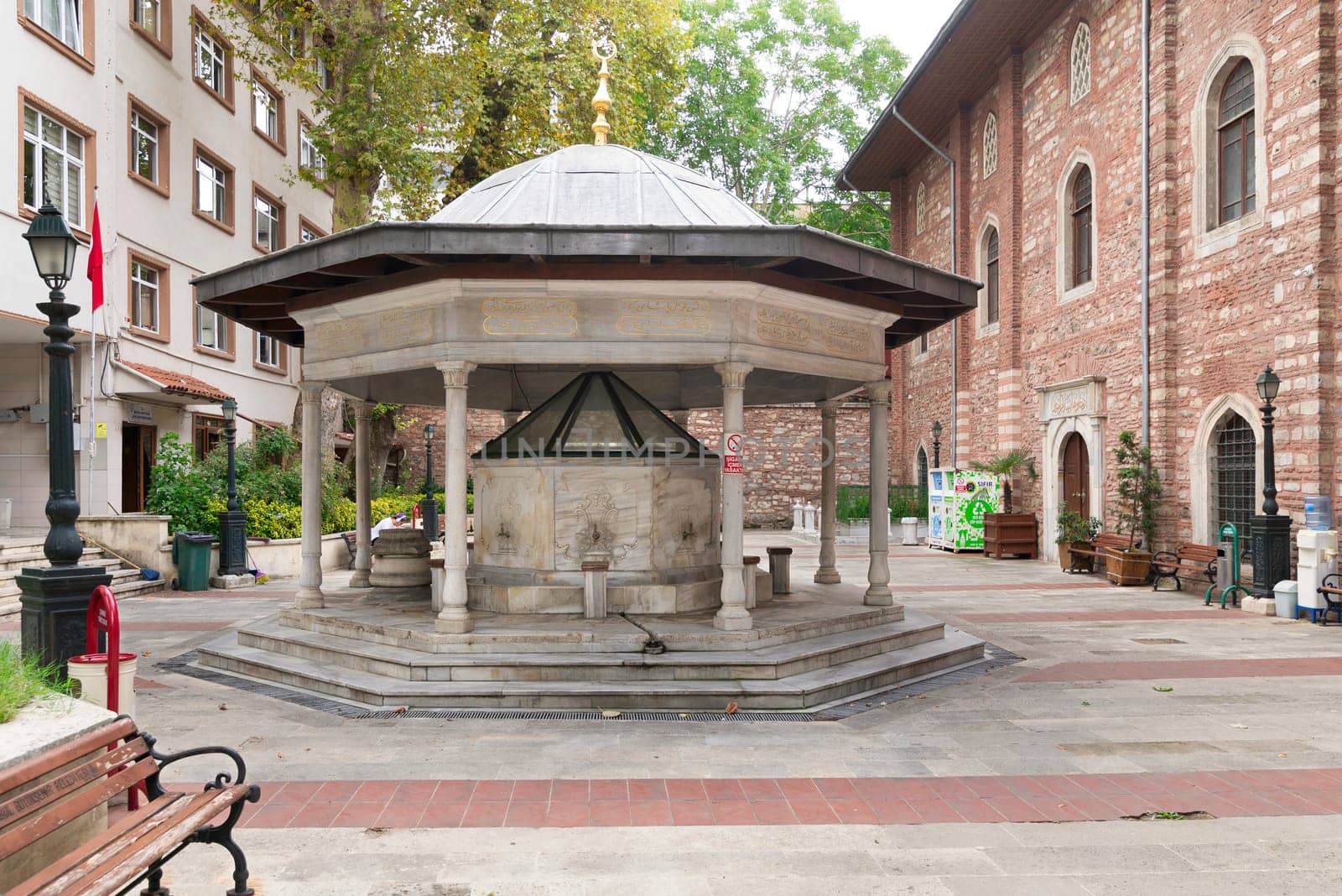 Istanbul, Turkey - August 31, 2022: Courtyard of Arap Mosque, or Arap Camii, formerly a Roman Catholic church, suited in Karakoy neighborhood, Beyoglu district, Istanbul, Turkey