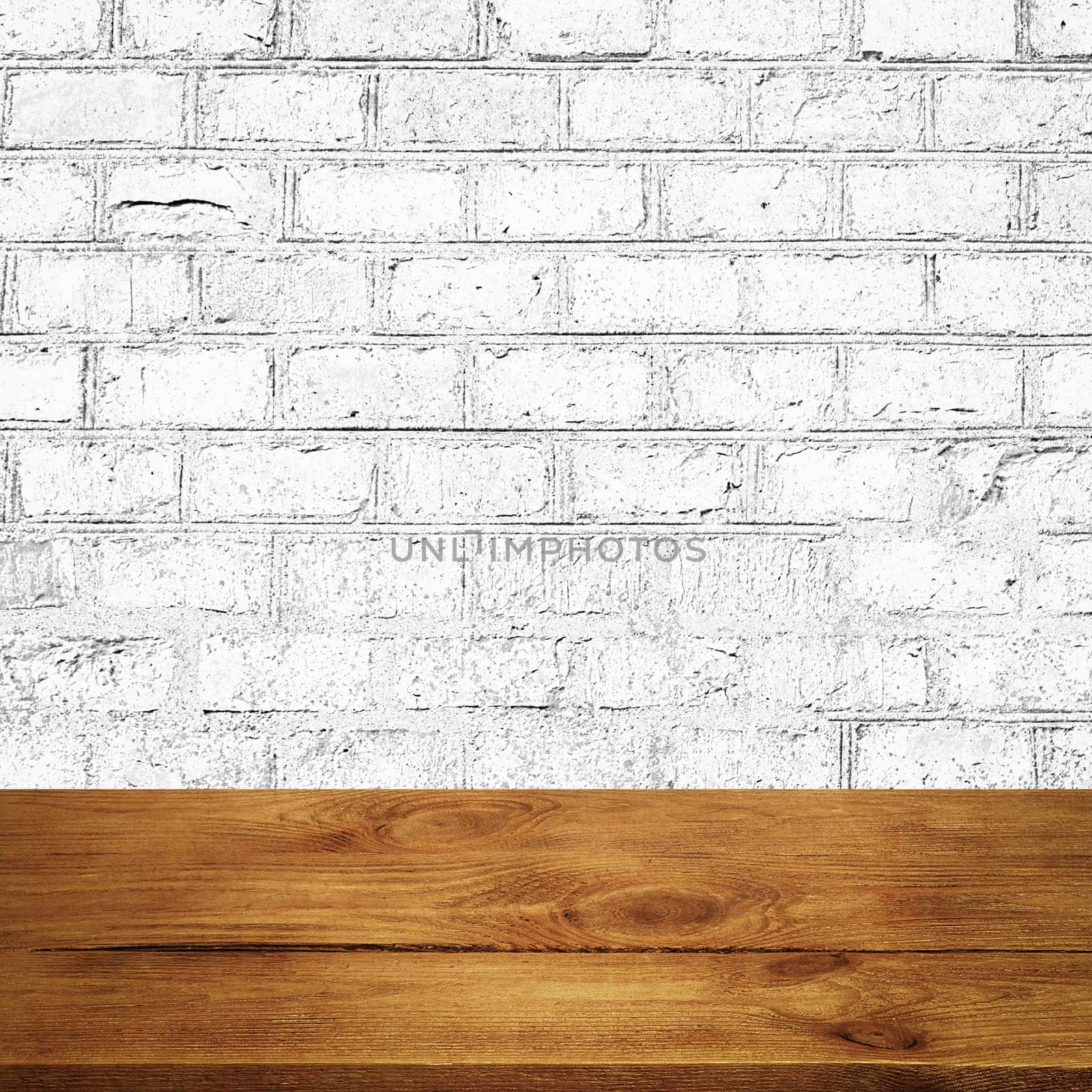 The background is blank wooden boards and a textured brick wall with lighting and vignetting. For product demonstrations, free space, layout, mockup, perspective board, background board.