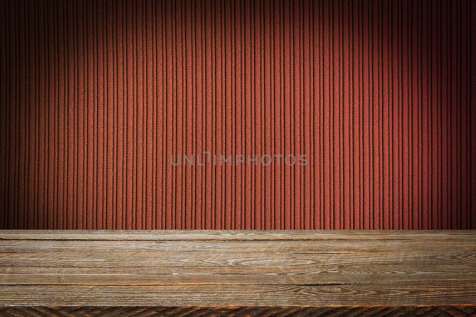 The background is blank wooden boards and a textured striped wall with gradient lighting and vignetting. For product demonstrations, free space, layout, mockup, perspective board, background board.