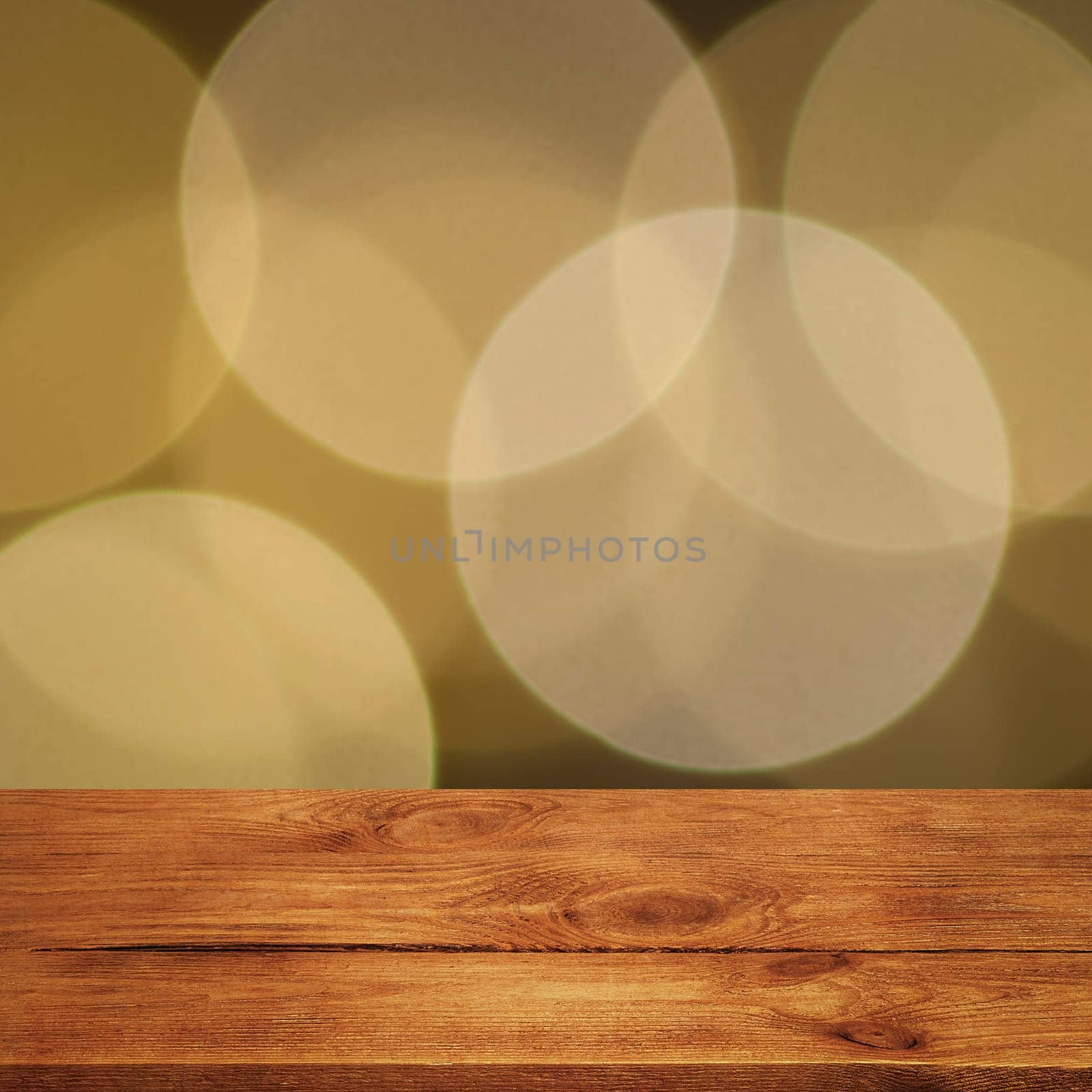 The background is an empty wooden board and a wall of blurred bokeh lights. For product demonstrations, free space, layout, mockup, perspective board, background board.