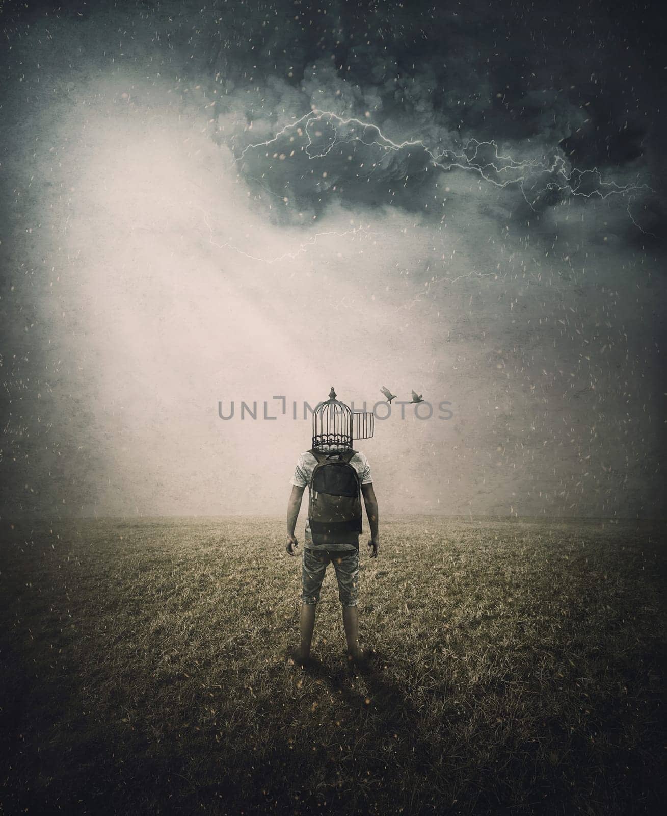 Surreal scene of a person with birdcage instead of head. The cell door opens and the birds escaped the prison. The freedom of idea metaphor. Free your mind as concept for liberty of expression