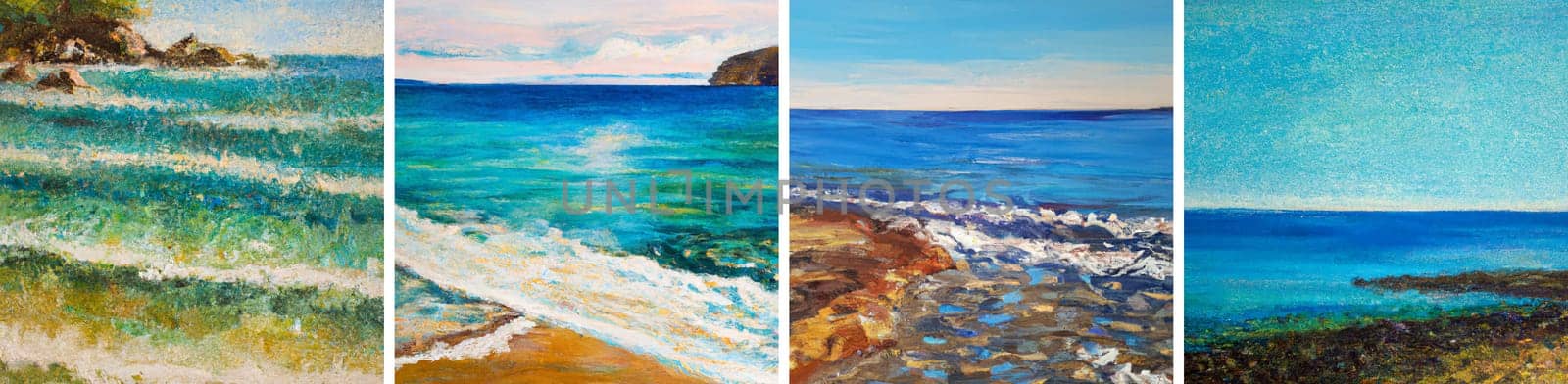 A series of watercolor paintings of a warm beach and blue sea