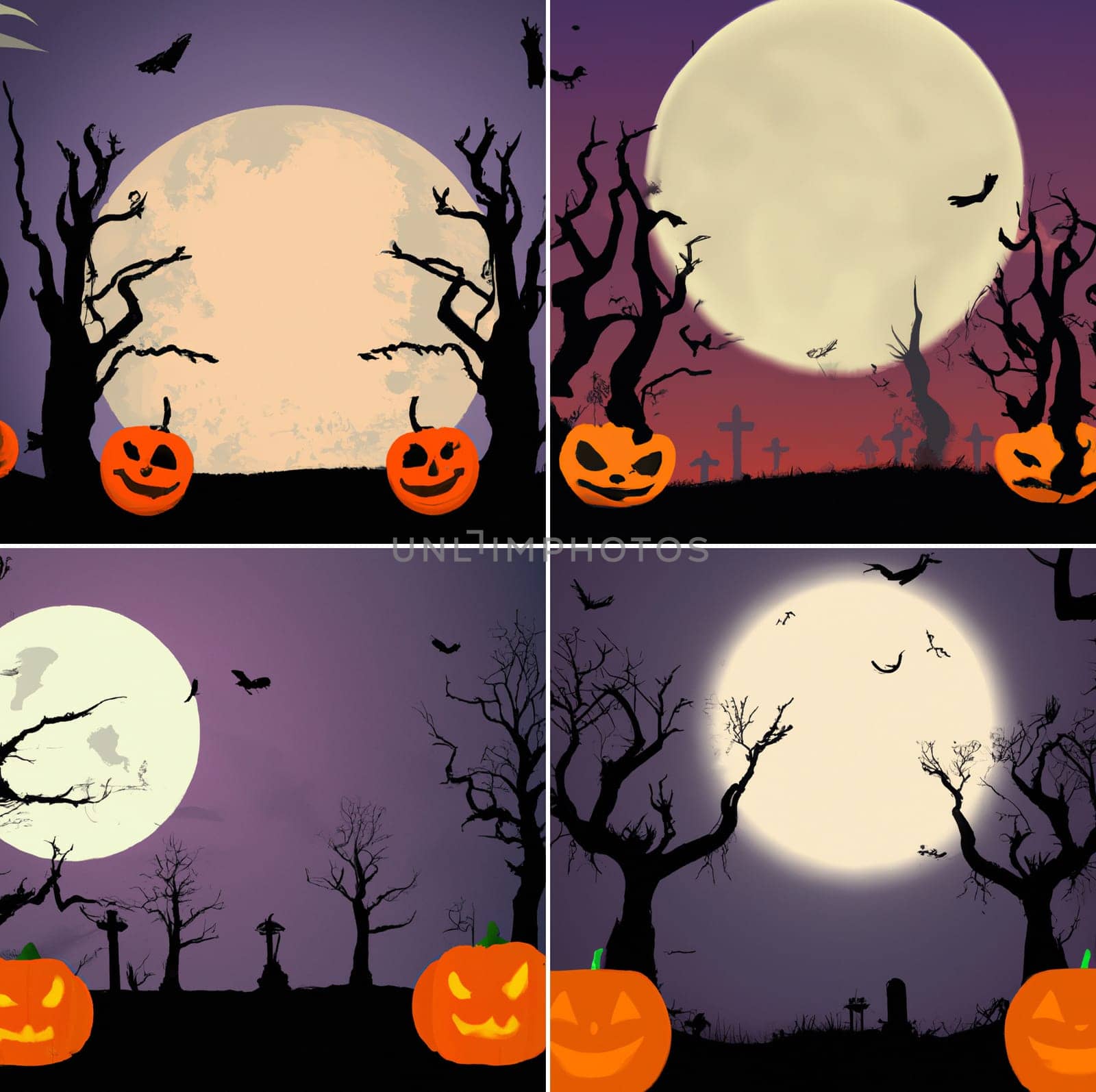 Set of Halloween background illustration with elements of pumpkin, bats and ghost moon.