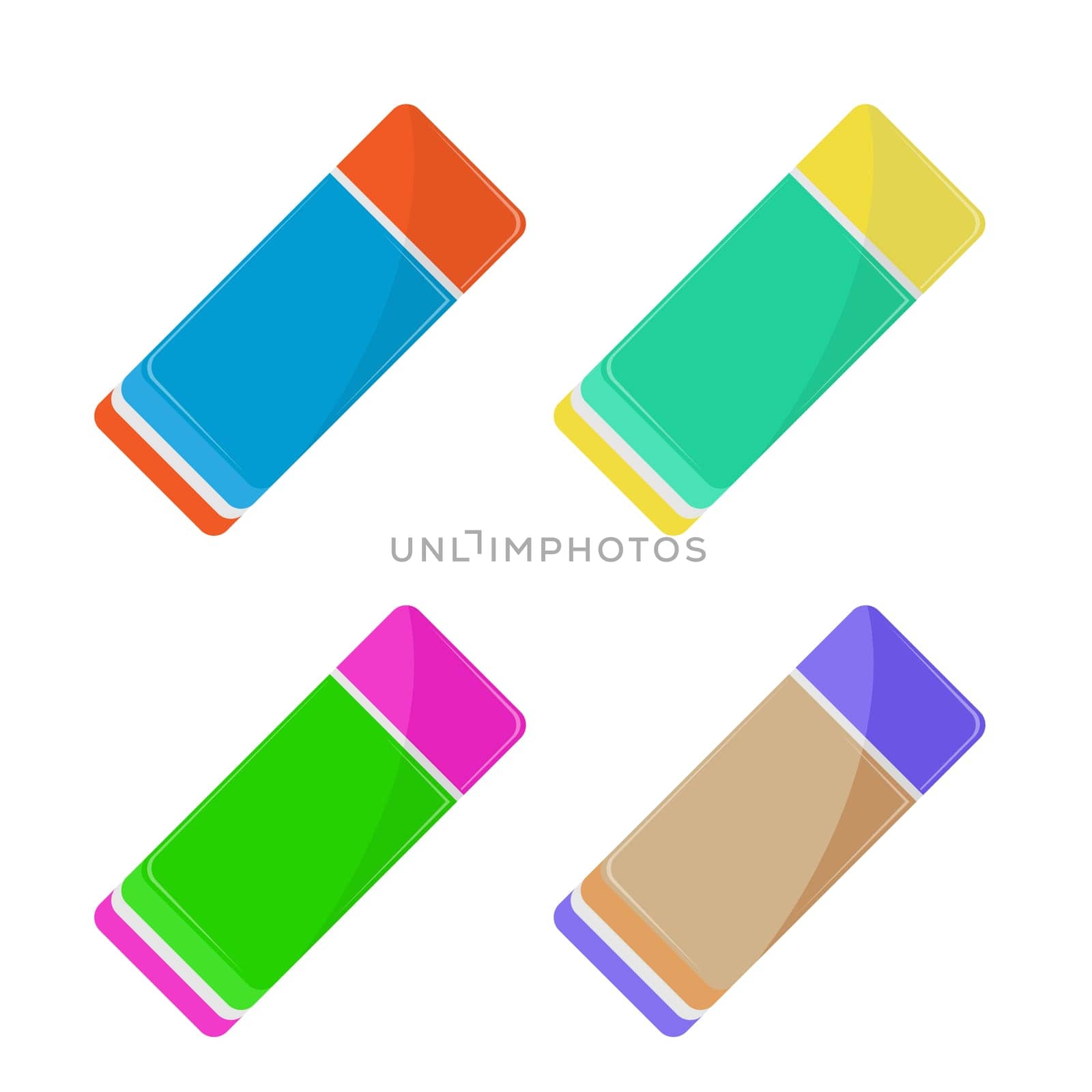 Set of Colored Eraser Icons Isolated on White Background.