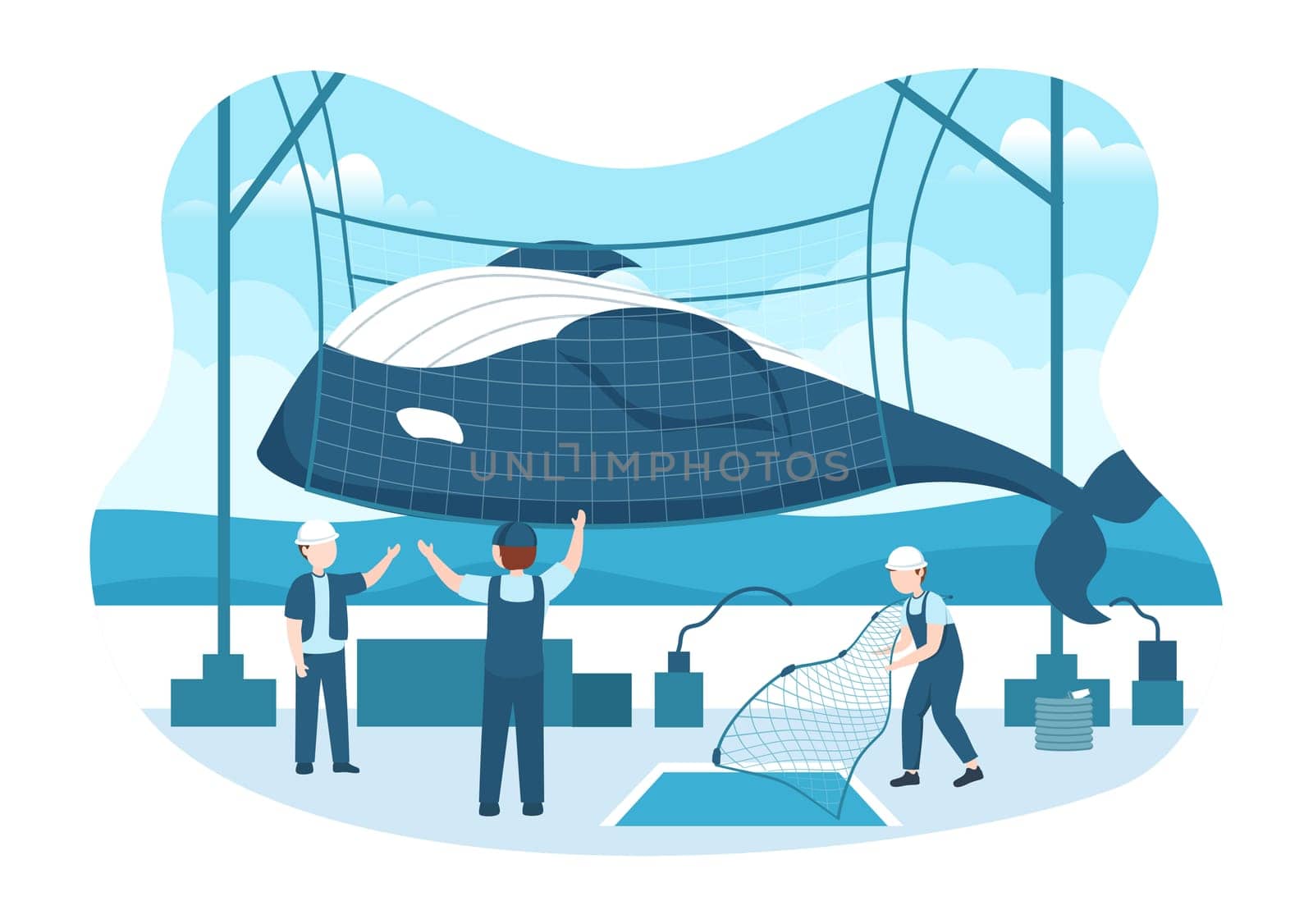 Whale Hunting with Whales Caught by Fisherman in the Middle of the Deep Sea for Sale in Hand Drawn Flat Cartoon Templates Illustration