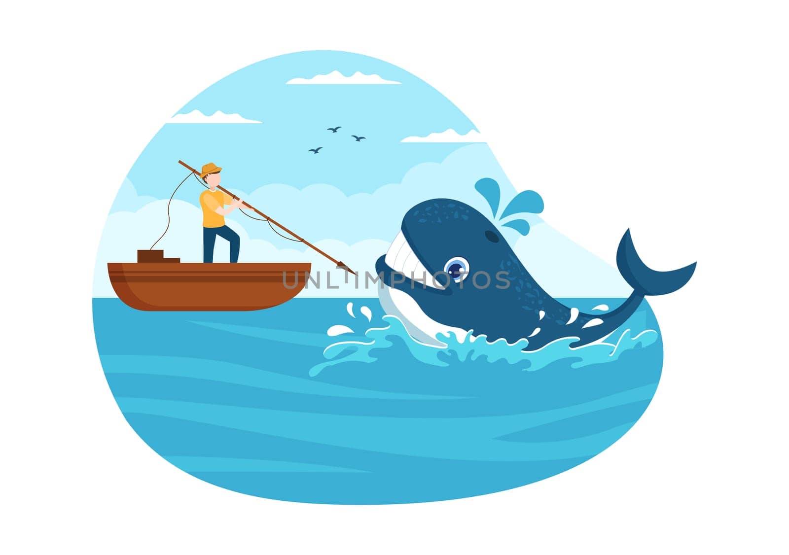 Whale Hunting with Whales Caught by Fisherman in the Middle of the Deep Sea for Sale in Hand Drawn Flat Cartoon Templates Illustration