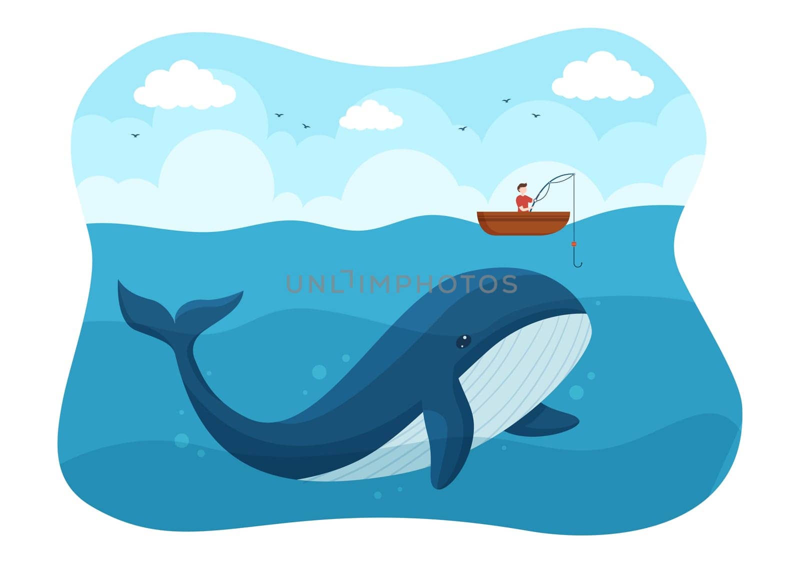Whale Hunting with Whales Caught by Fisherman in the Middle of the Deep Sea for Sale in Hand Drawn Flat Cartoon Templates Illustration