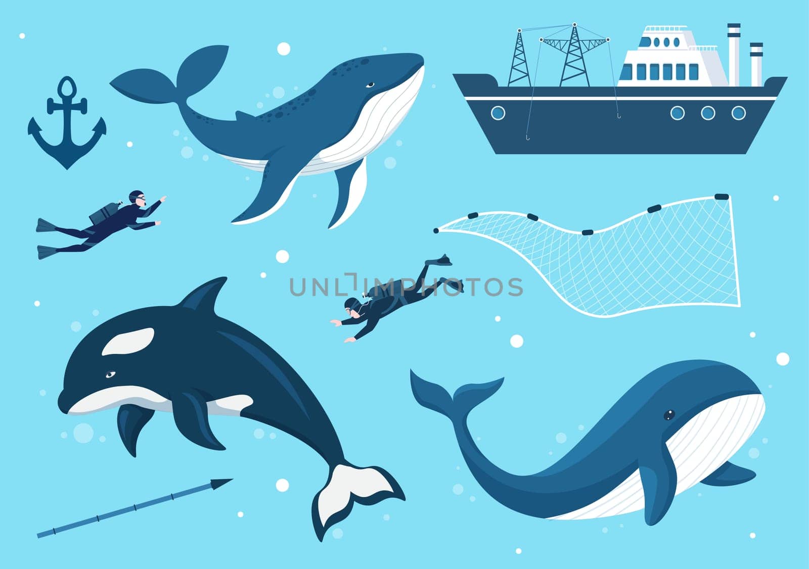 Whale Hunting with Whales Caught by Fisherman in the Middle of the Deep Sea for Sale in Hand Drawn Flat Cartoon Templates Illustration