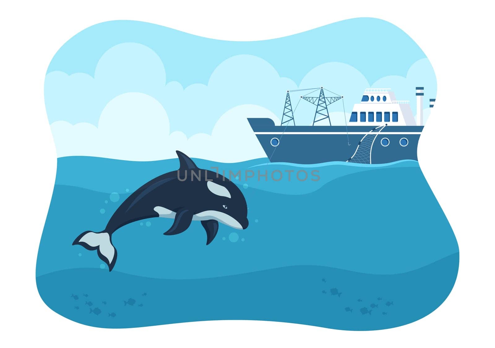 Whale Hunting with Whales Caught by Fisherman in the Middle of the Deep Sea for Sale in Hand Drawn Flat Cartoon Templates Illustration