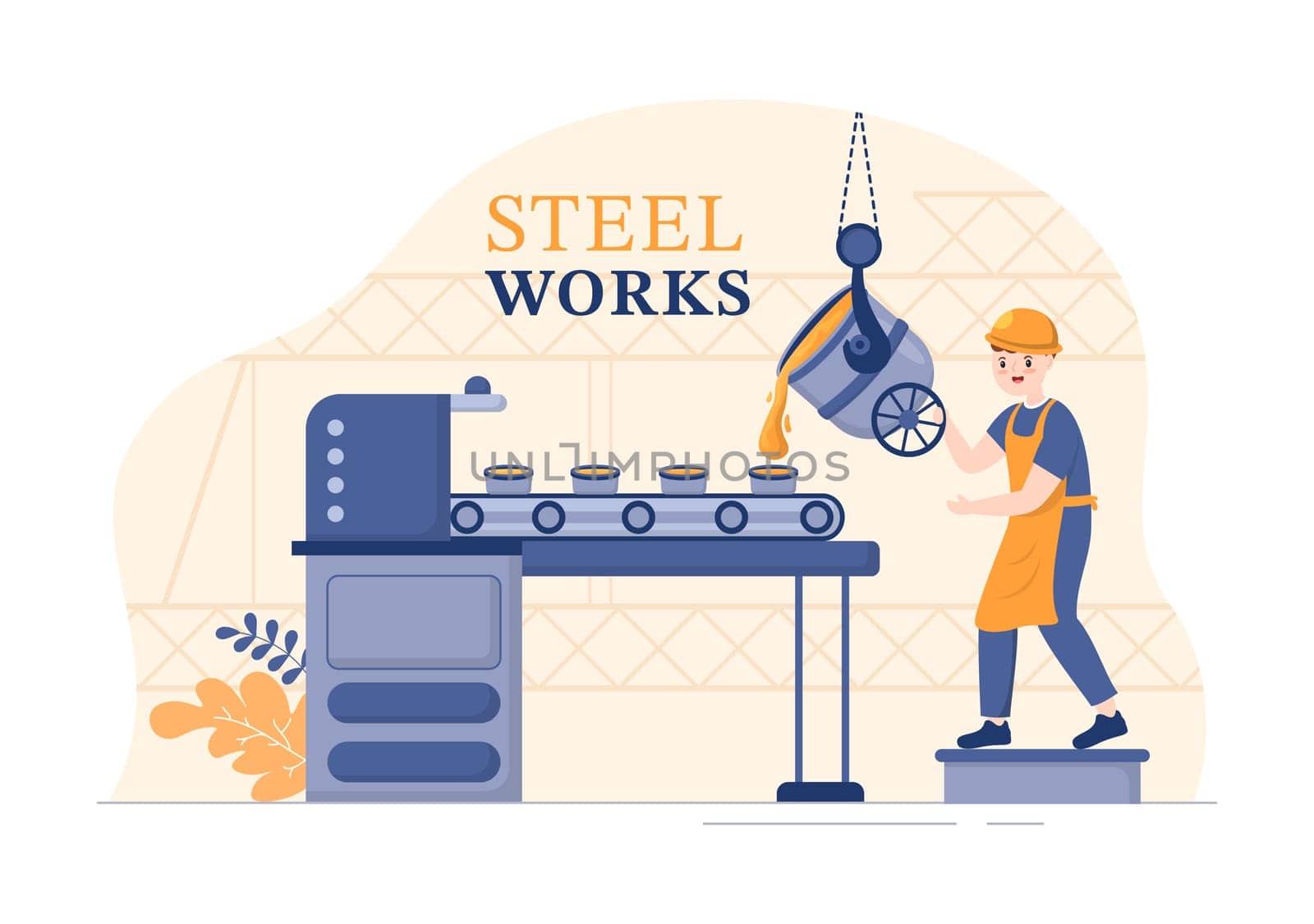 Steelworks with Resource Mining, Smelting of Metal in Big Foundry and Hot Steel Pouring in Flat Cartoon Hand Drawn Templates Illustration