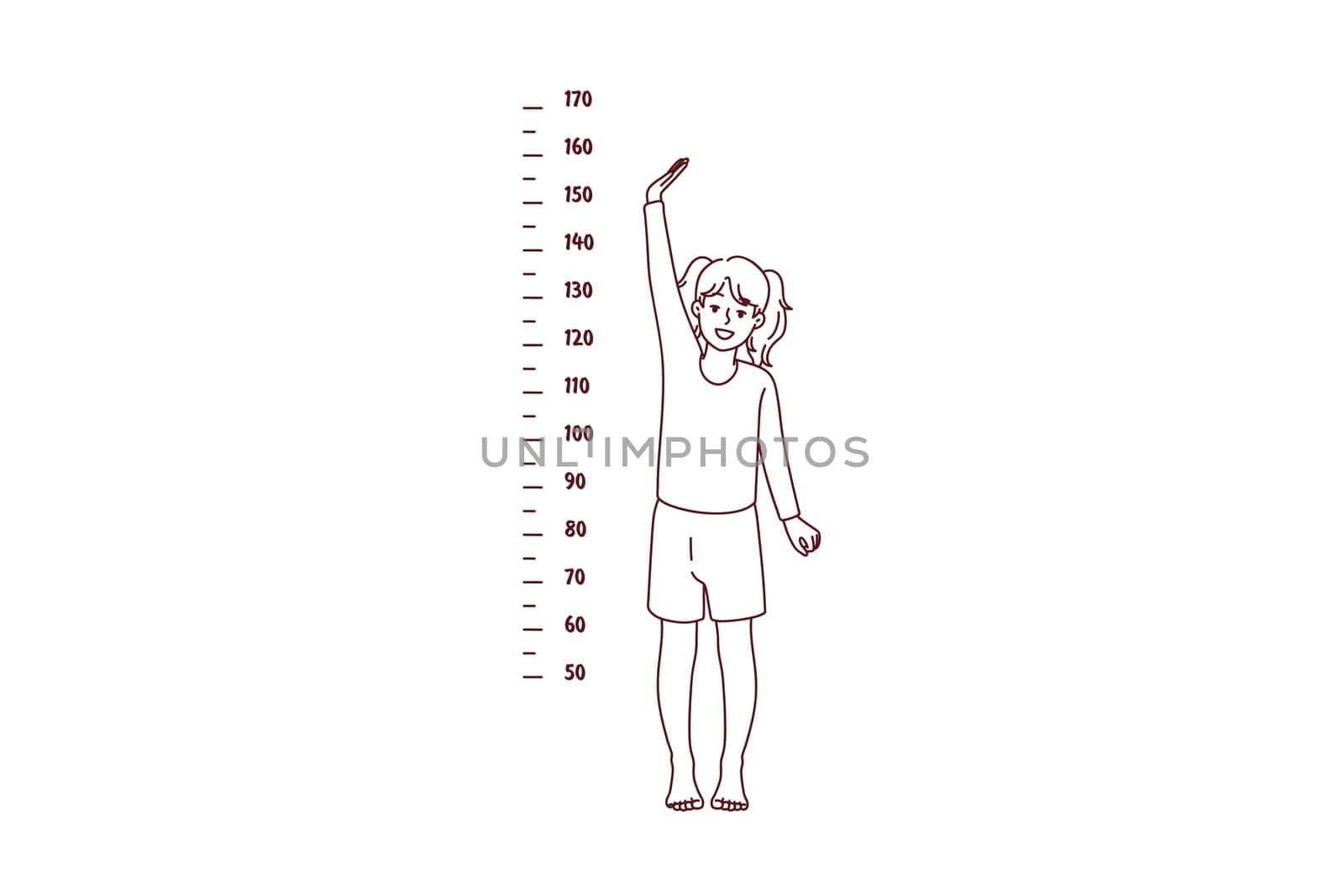 Small girl child show height standing near measuring tape on wall. Little kid growing showing how tall she is. Childhood aging concept. Vector illustration.