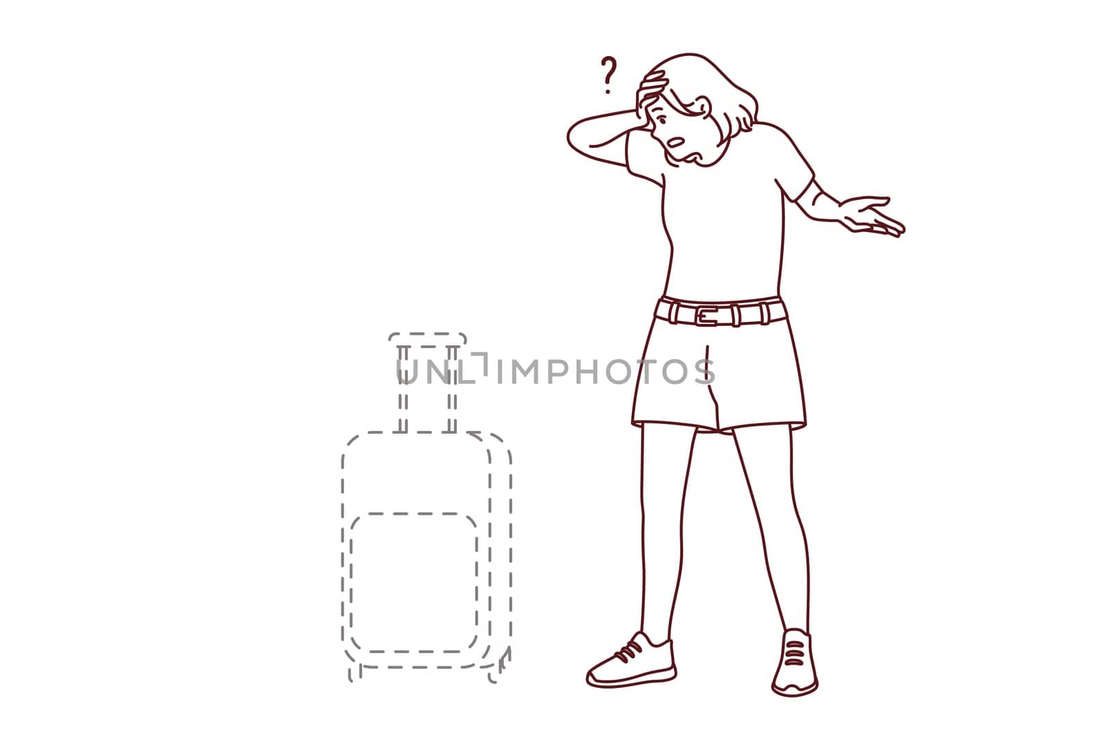 Stressed young woman frustrated with baggage loss in airport. Unhappy distressed female confused with lost suitcase. Vector illustration.