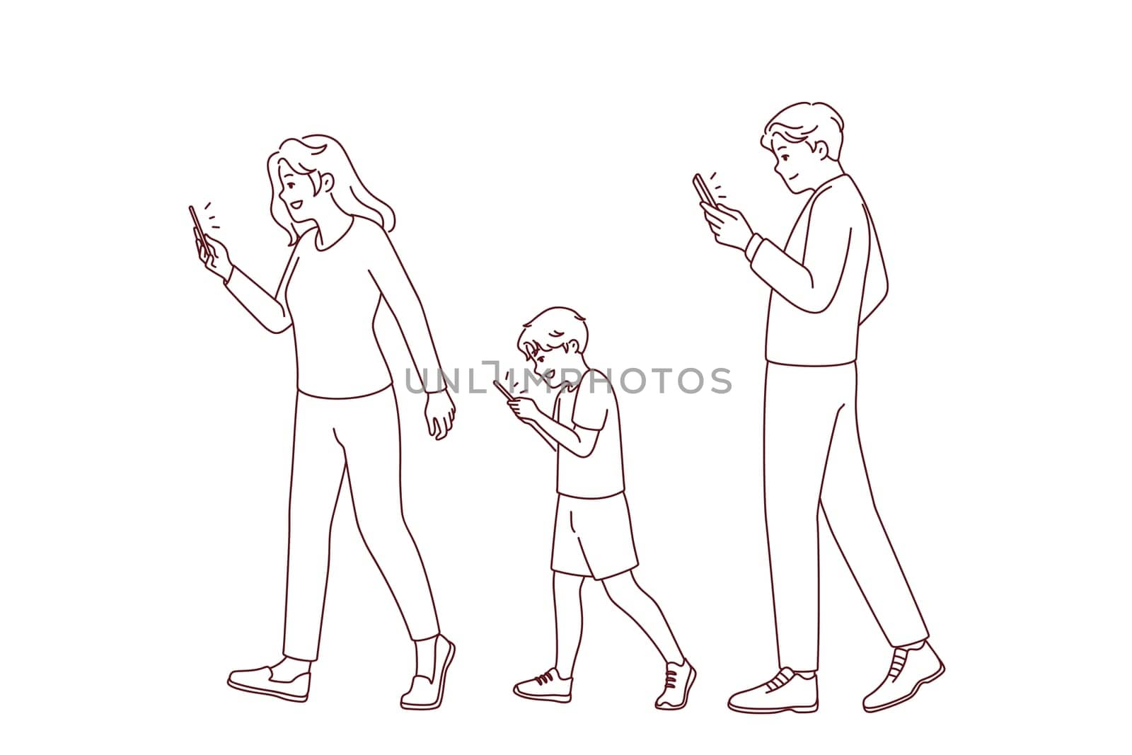 Family with kid walking street holding smartphones. Addicted parents and child using cellphone. Mobile phones and technology addiction. Vector illustration.