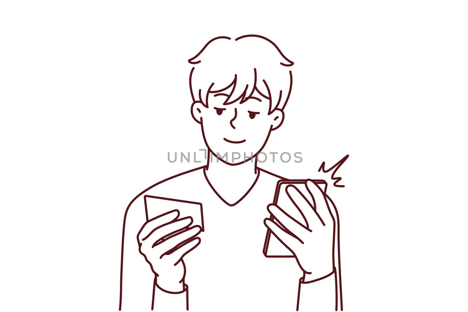 Happy young man paying online on cellphone with credit card. Smiling male shopping on internet on smartphone. Easy banking transaction. Vector illustration.