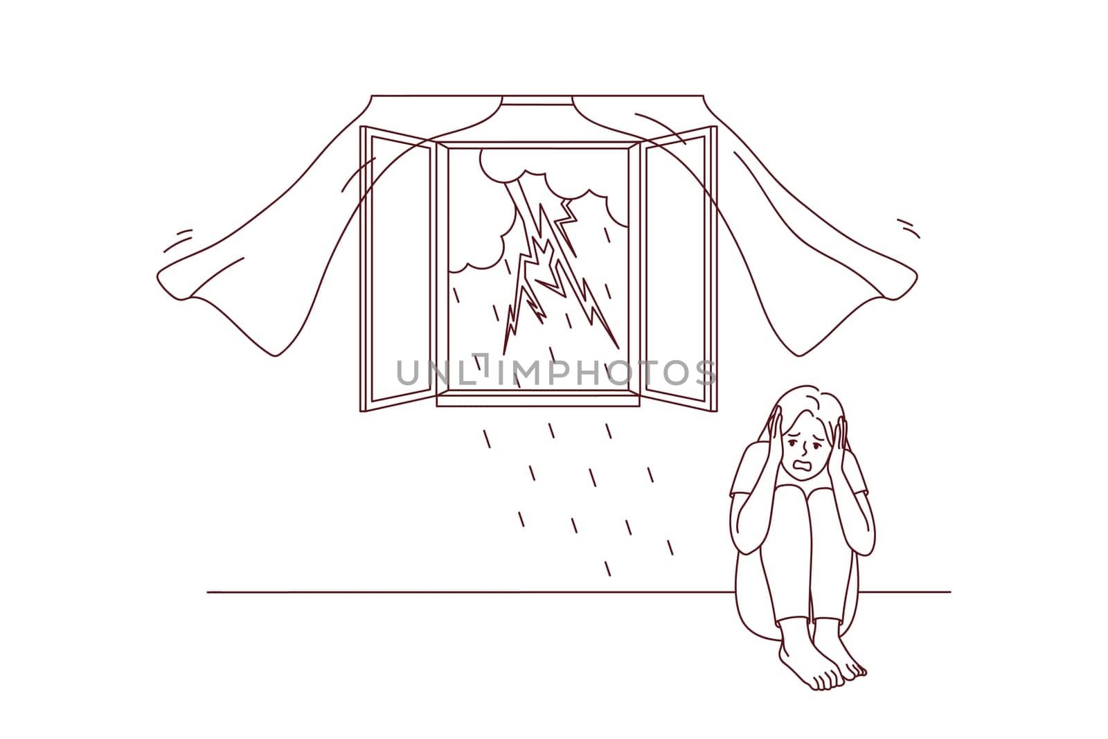Scared girl sitting on floor afraid of storm outdoors. Terrified young woman feel stressed and frightened of lightning and thunderstorm. Vector illustration.