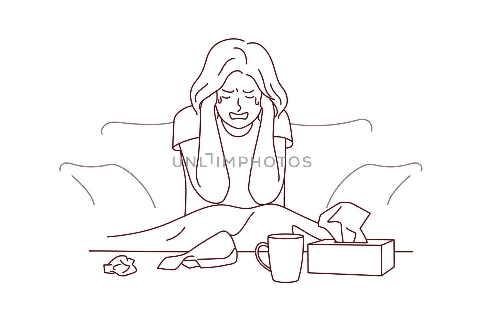 Unhappy young woman sit on couch at home crying suffering from depression or life problems. Sad girl feel down distressed alone. Breakup and mental trouble. Vector illustration.