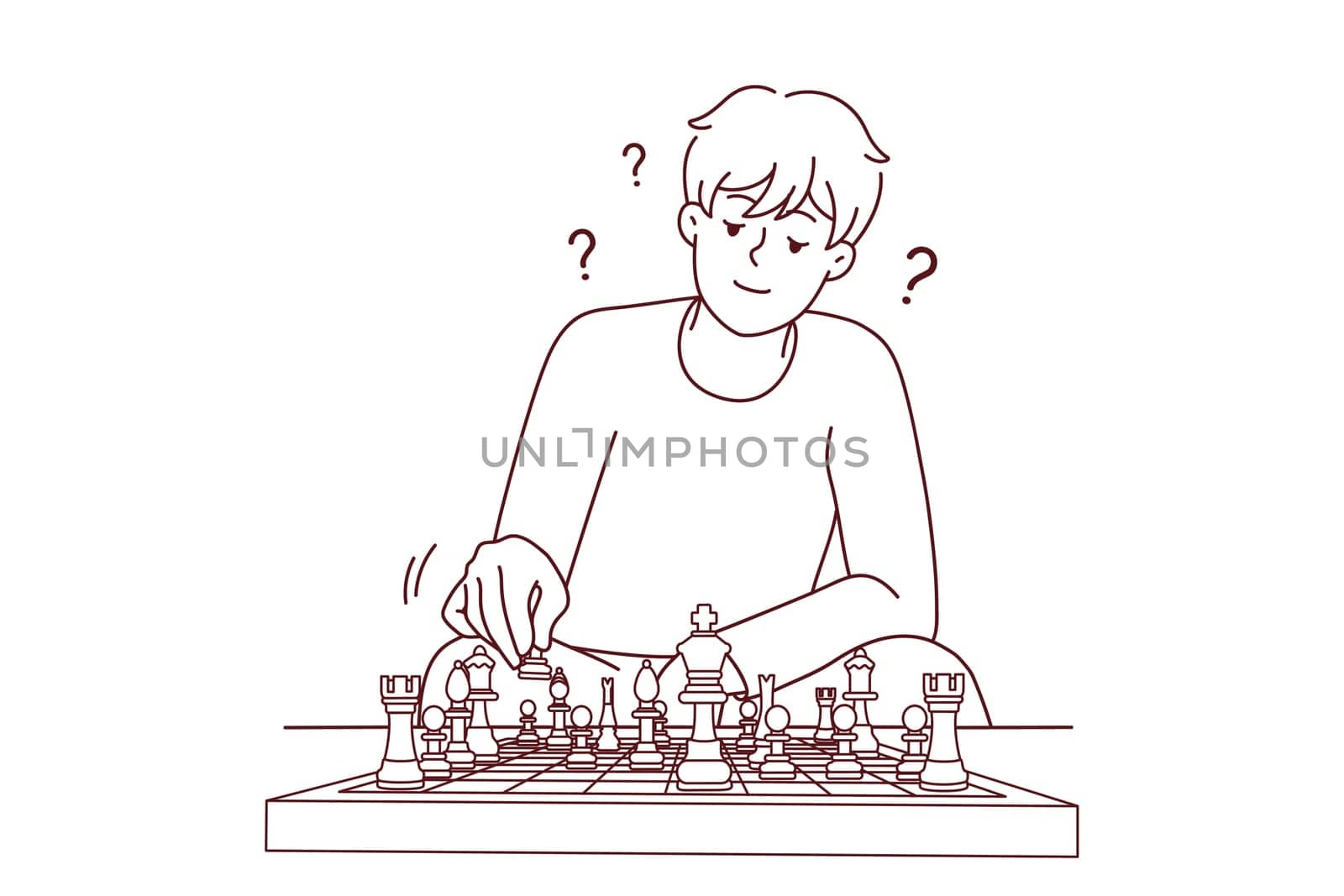 Young man feel frustrated think playing chess at home. Millennial guy involved in game on chessboard. Hobby concept. Vector illustration.