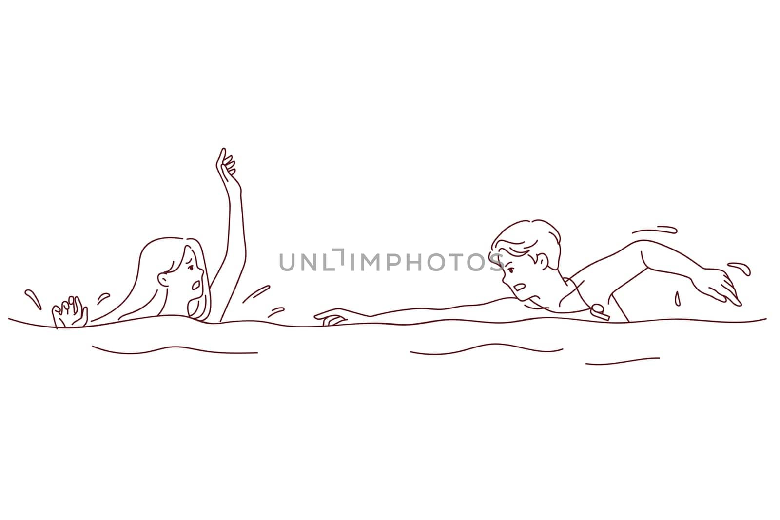 Male guard swimming to stressed female sinking in water. Rescuer rush to worried female drowning in sea or pool. Vector illustration.