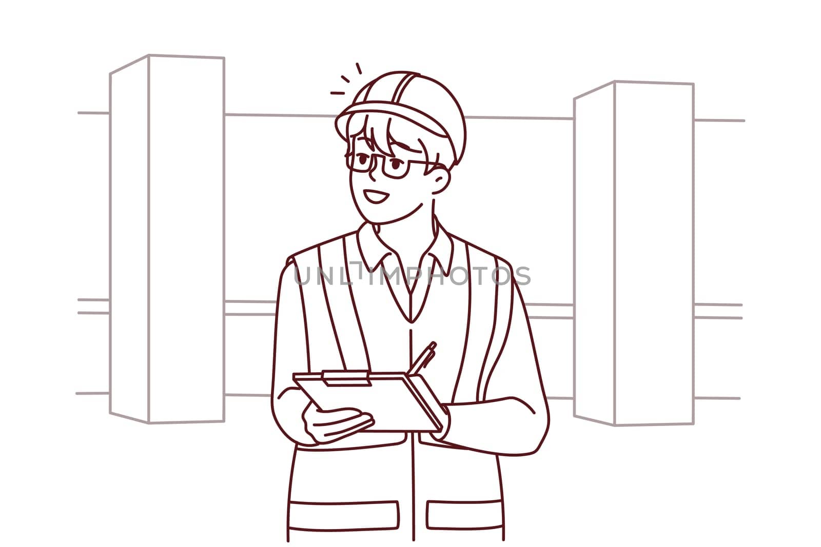Male engineer in uniform and helmet on construction site. Man professional working at outdoor building workplace. Occupation. Vector illustration.