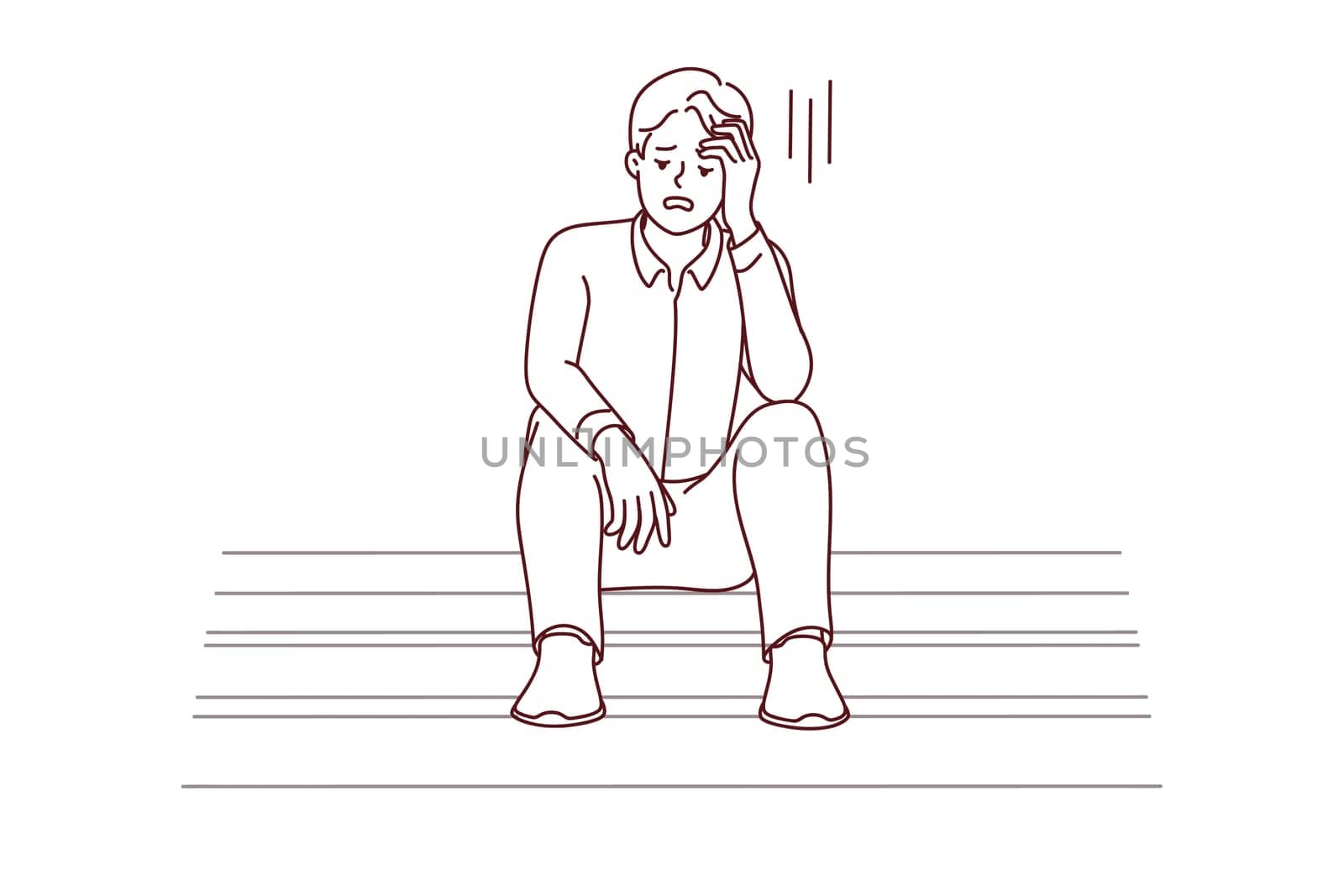 Unhappy young man sit on stairs feel distressed with job loss or failure. Upset male stressed with life or business problems, look for solution. Vector illustration.