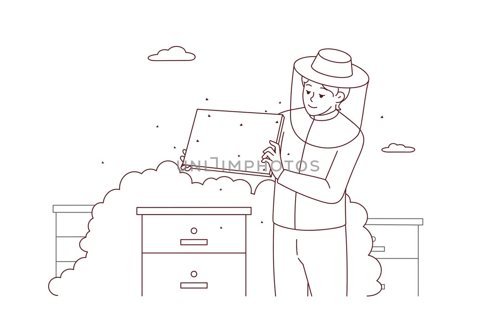 Beekeeper in costume work with bee combs in garden. Man apiarist at bee farm outdoors. Occupation concept. Vector illustration.